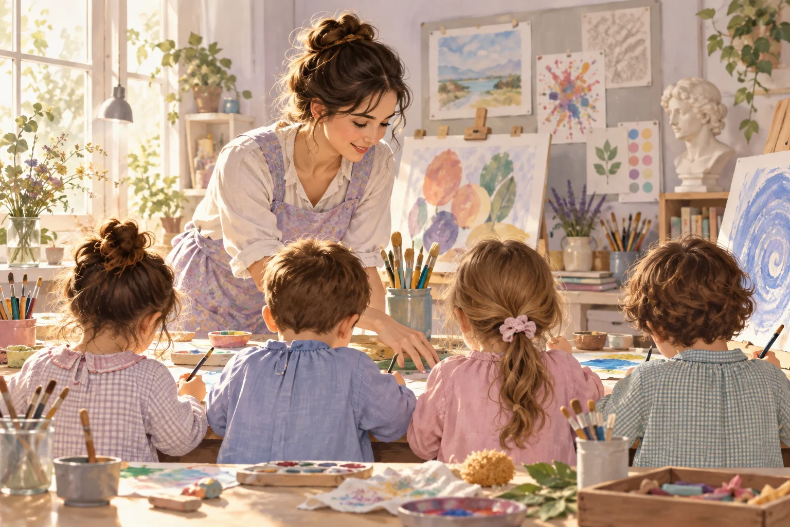 Una docente y un grupo de niños exploran pintura, pinceles y materiales de arte en una mesa del aula.