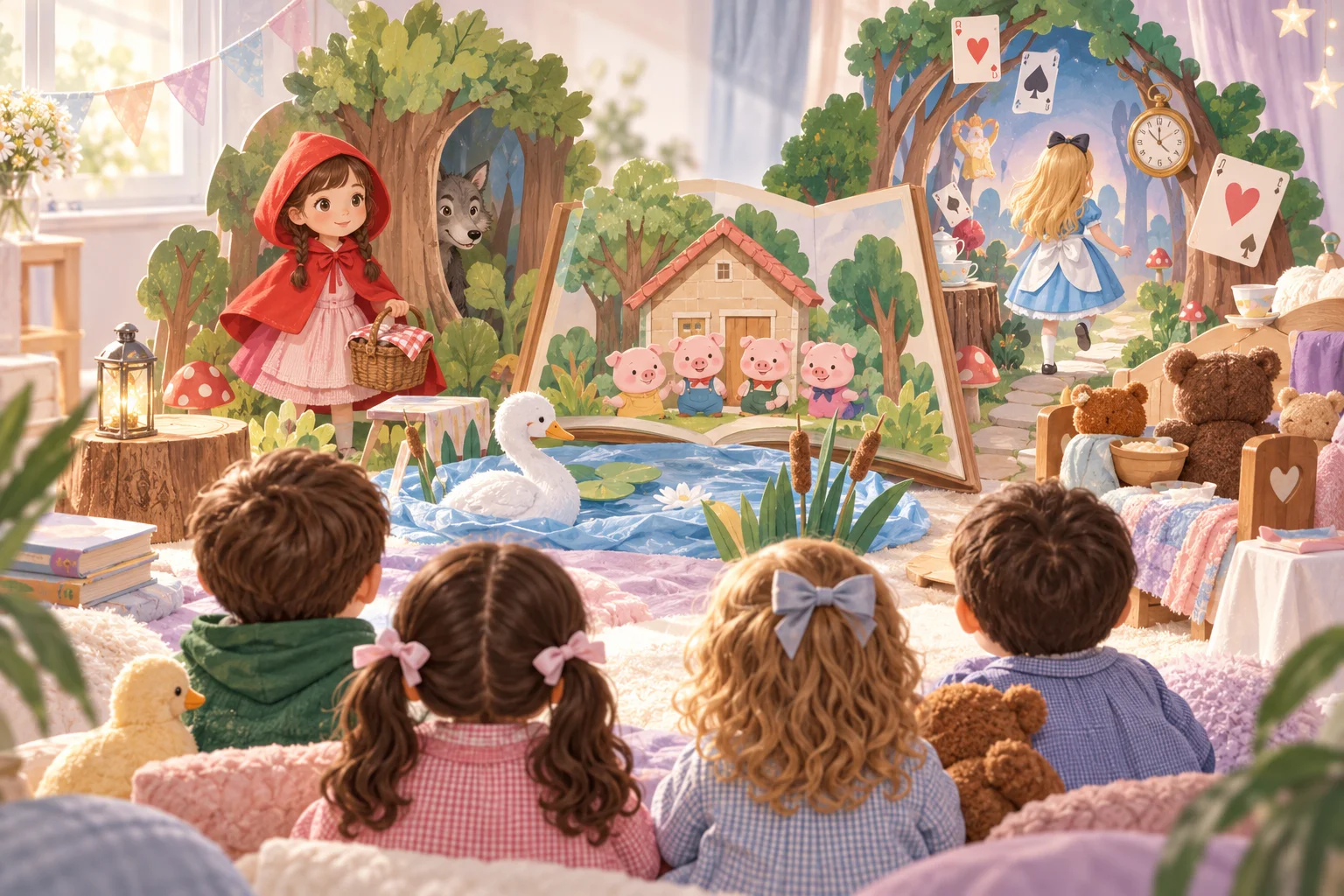 Niños observan un escenario de cuento con figuras de Caperucita, un castillo, un río, árboles y animales de cartón.