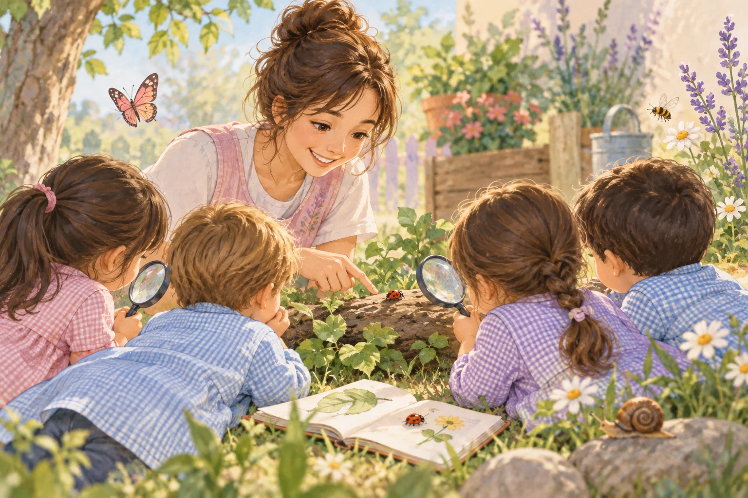 Una docente y un grupo de niños exploran la tierra y las plantas con lupas, junto a una mariposa y un caracol.