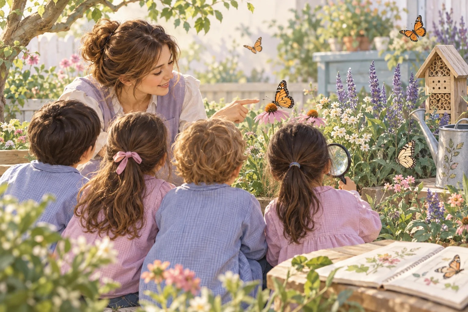 Una docente y un grupo de niños observan una mariposa entre plantas y flores, junto a láminas y materiales de exploración.