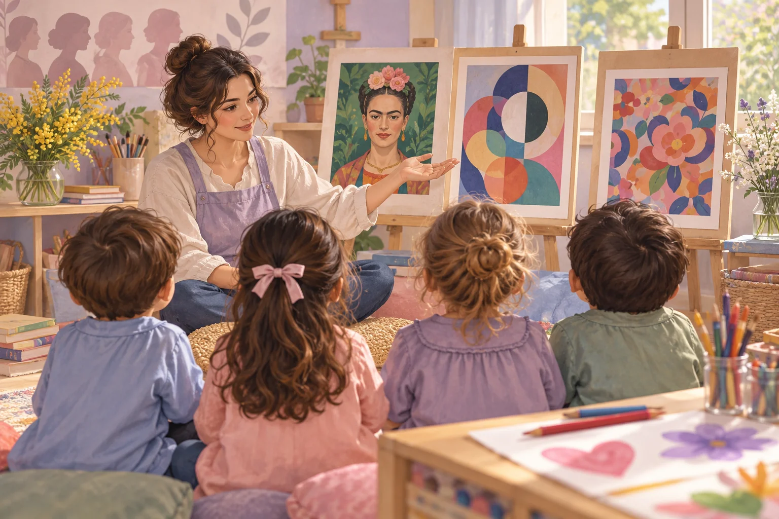 Una docente presenta pinturas y un retrato ilustrado de Frida Kahlo a un grupo de niños en un espacio de arte.