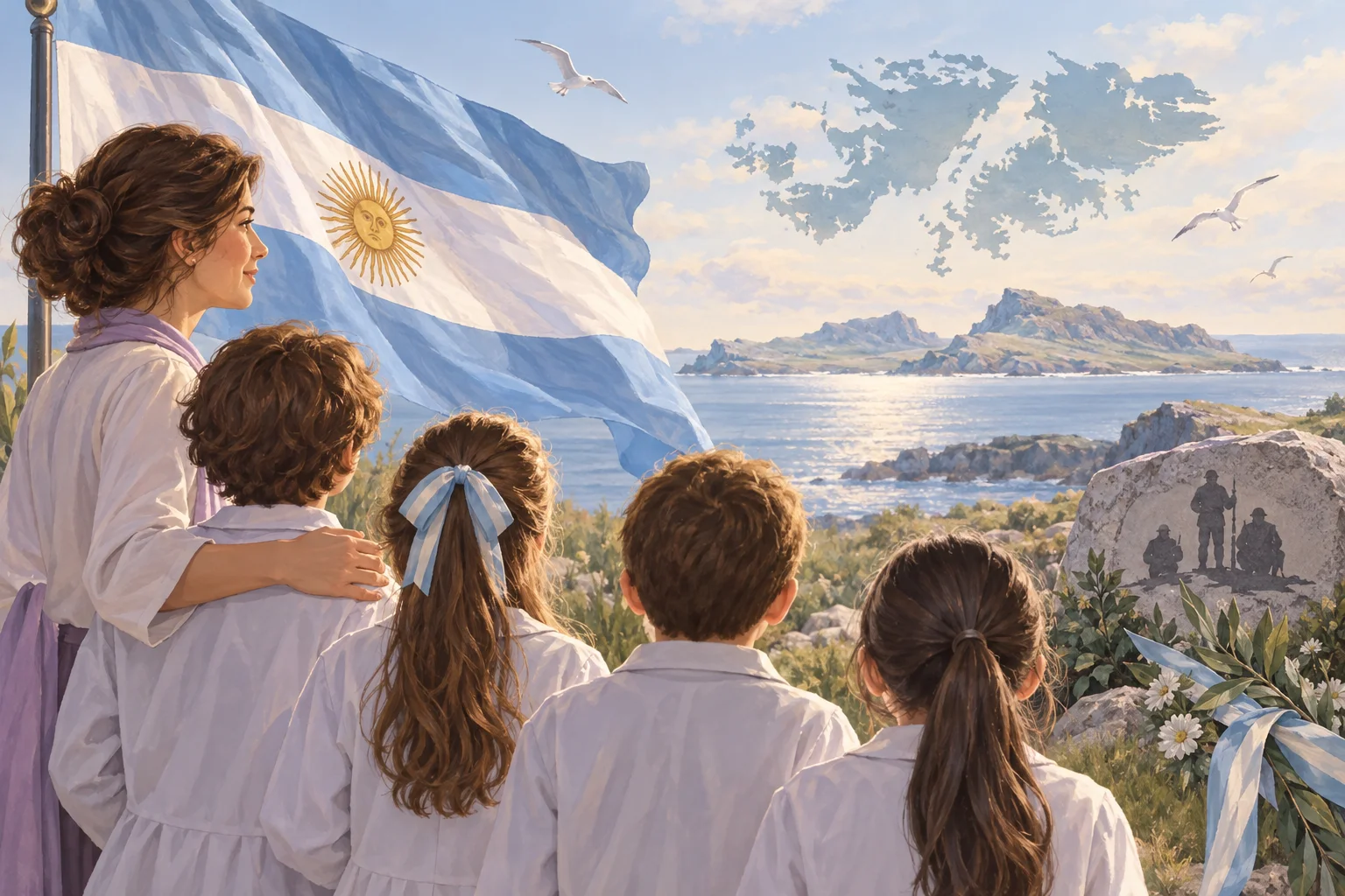 Una docente y cuatro niños observan una bandera argentina ante un paisaje costero ilustrado y un recuerdo de las Malvinas.
