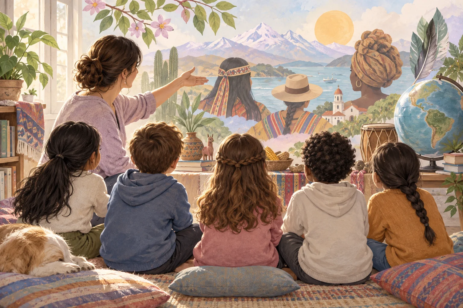 Una docente y un grupo de niños observan un mural con personajes, montañas y elementos culturales, junto a un globo terráqueo.