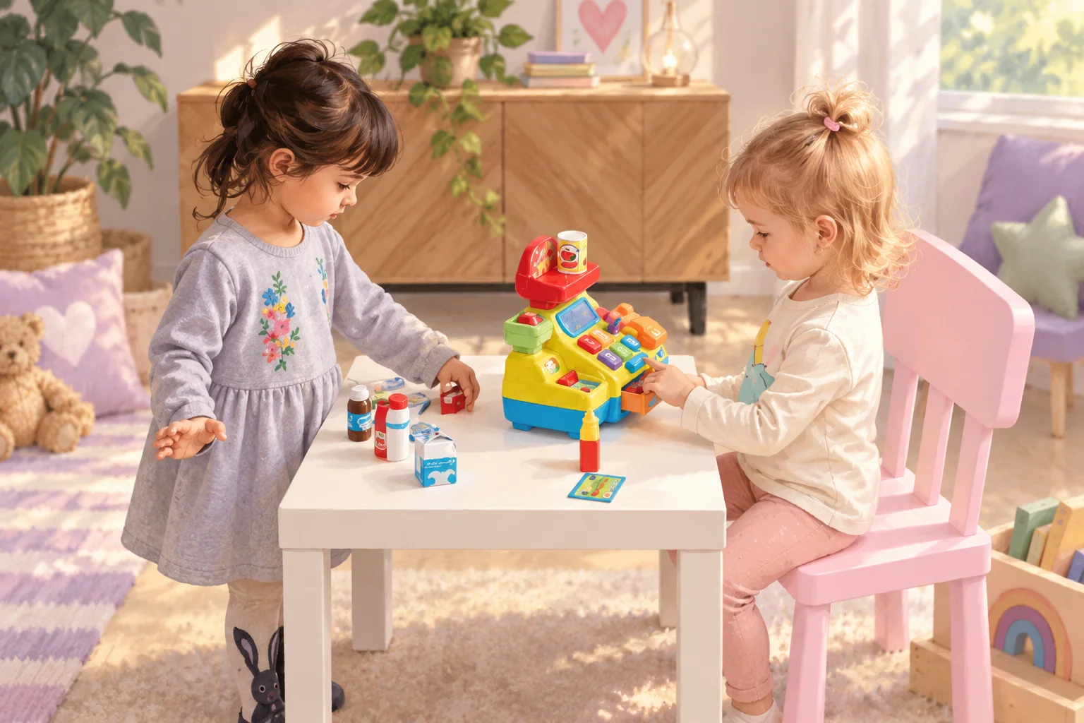 Dos niñas juegan con una caja registradora y pequeños objetos de colores sobre una mesa del aula.