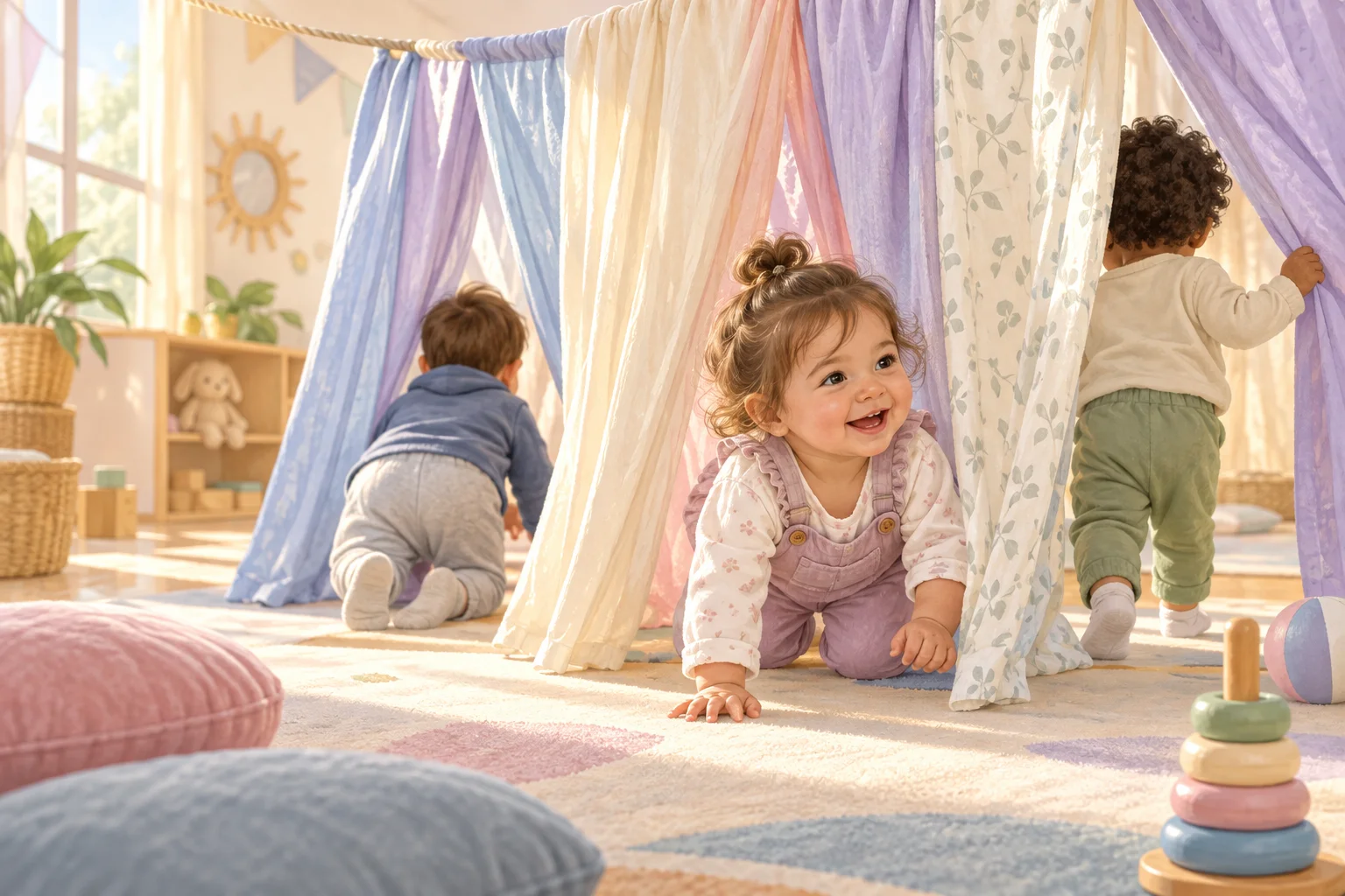 Tres niños pequeños exploran un espacio de juego con telas colgantes, almohadones y juguetes en tonos suaves.