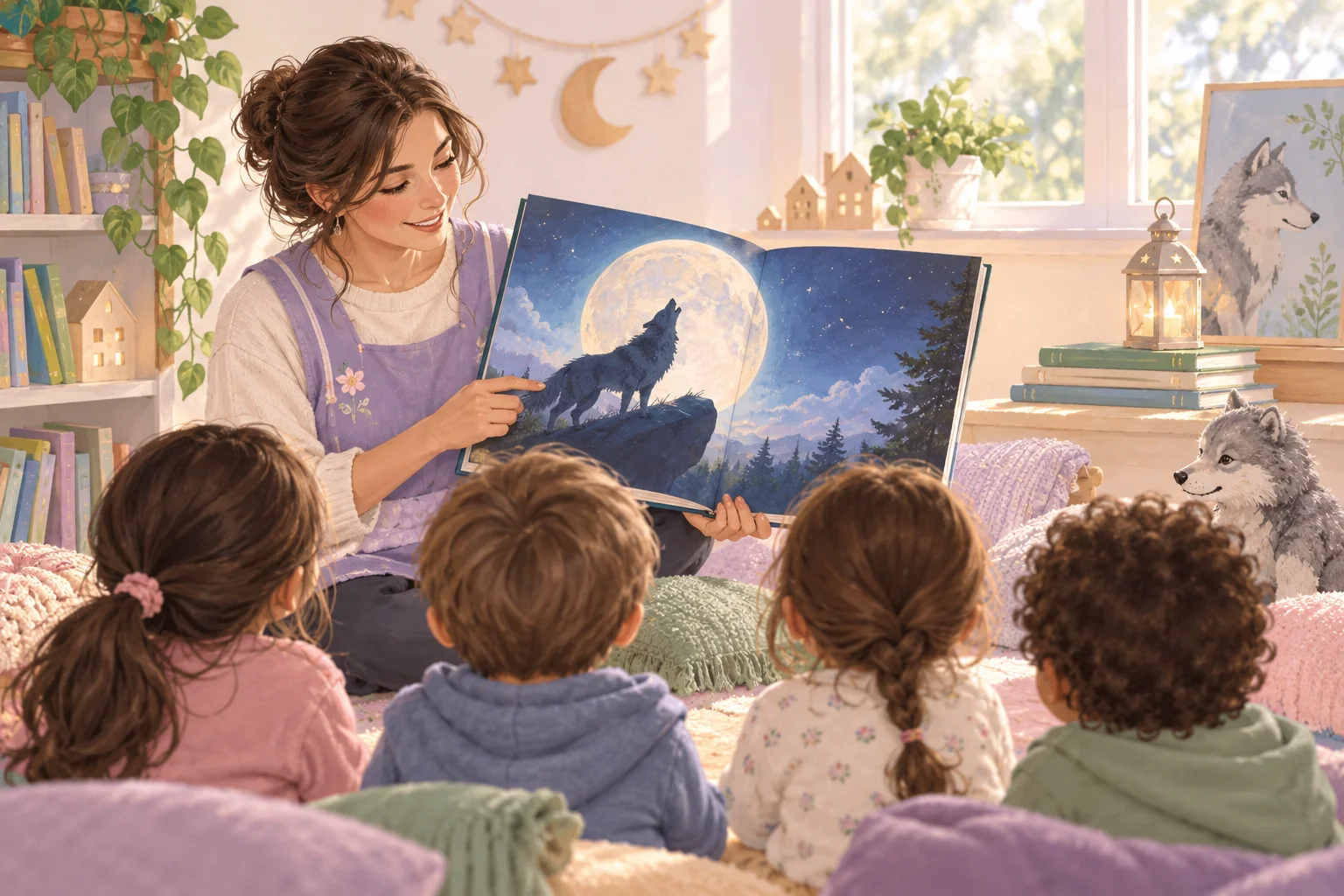 Una docente presenta un libro ilustrado con un lobo ante la luna a un grupo de niños en un rincón de lectura.