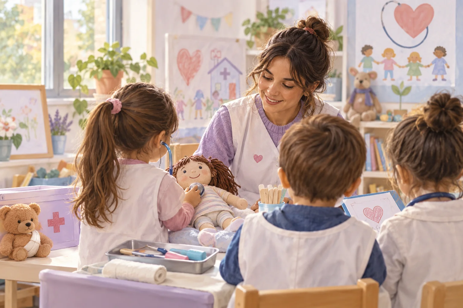 Una docente acompaña a niños que juegan a cuidar un muñeco en una mesa con materiales de un escenario de salud.