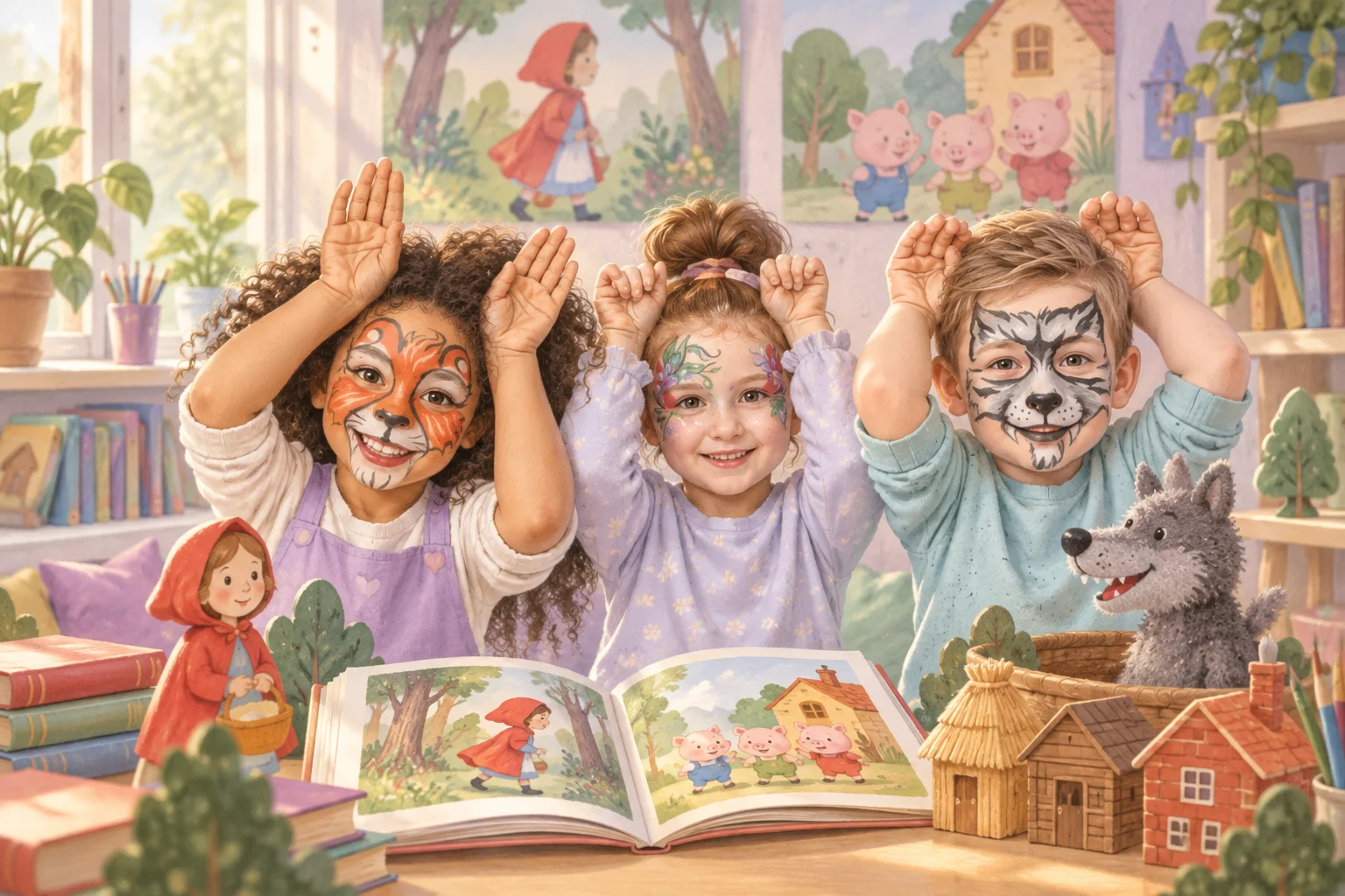 Tres niños con rostros pintados representan animales junto a cuentos, títeres y pequeñas casas de madera.