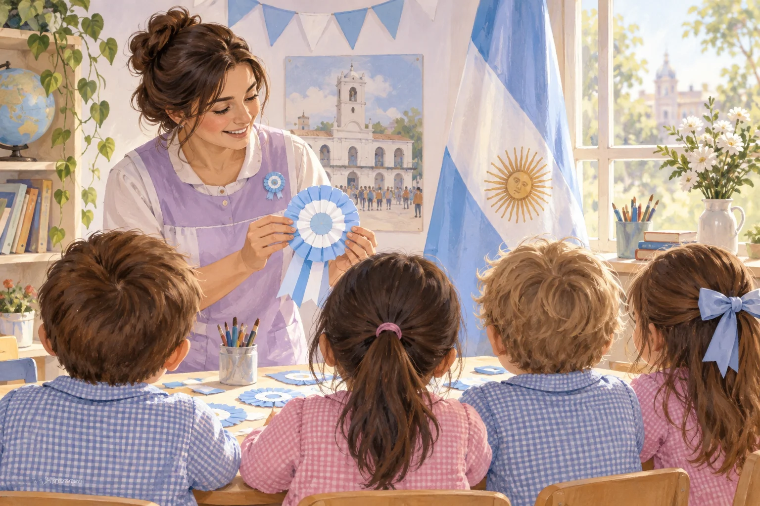 Una docente muestra escarapelas celestes y blancas a niños reunidos junto a una bandera argentina.