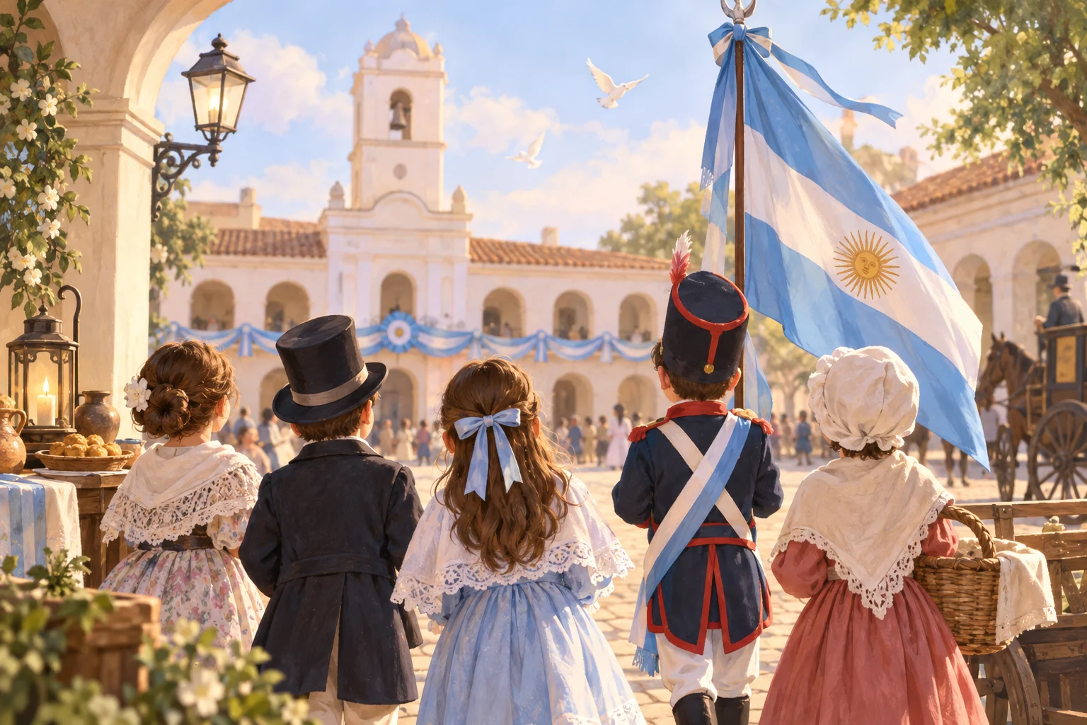 Ilustración de niños con vestimenta colonial ante el Cabildo, con una gran bandera argentina y detalles de época.