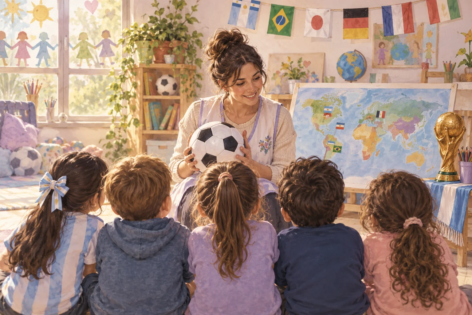 Una docente presenta una pelota de fútbol ante niños, junto a un mapa, banderas y una copa ilustrada.