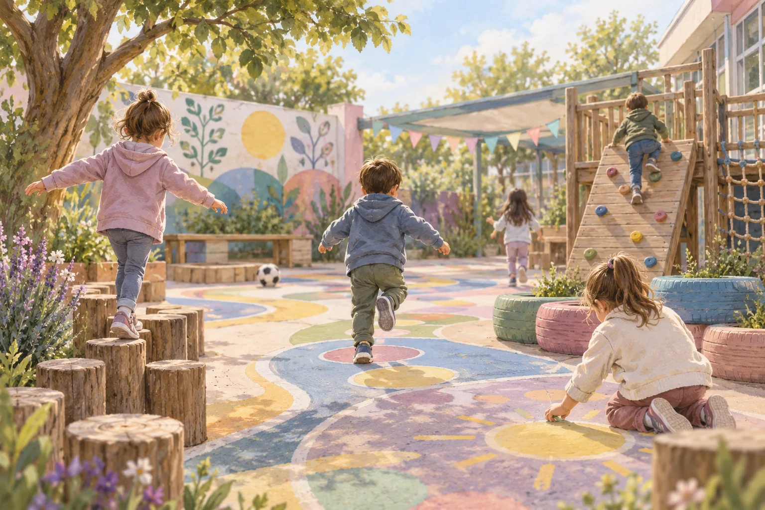 Niños juegan en un patio con circuitos pintados, pequeños troncos, un mural y una pared de trepar.