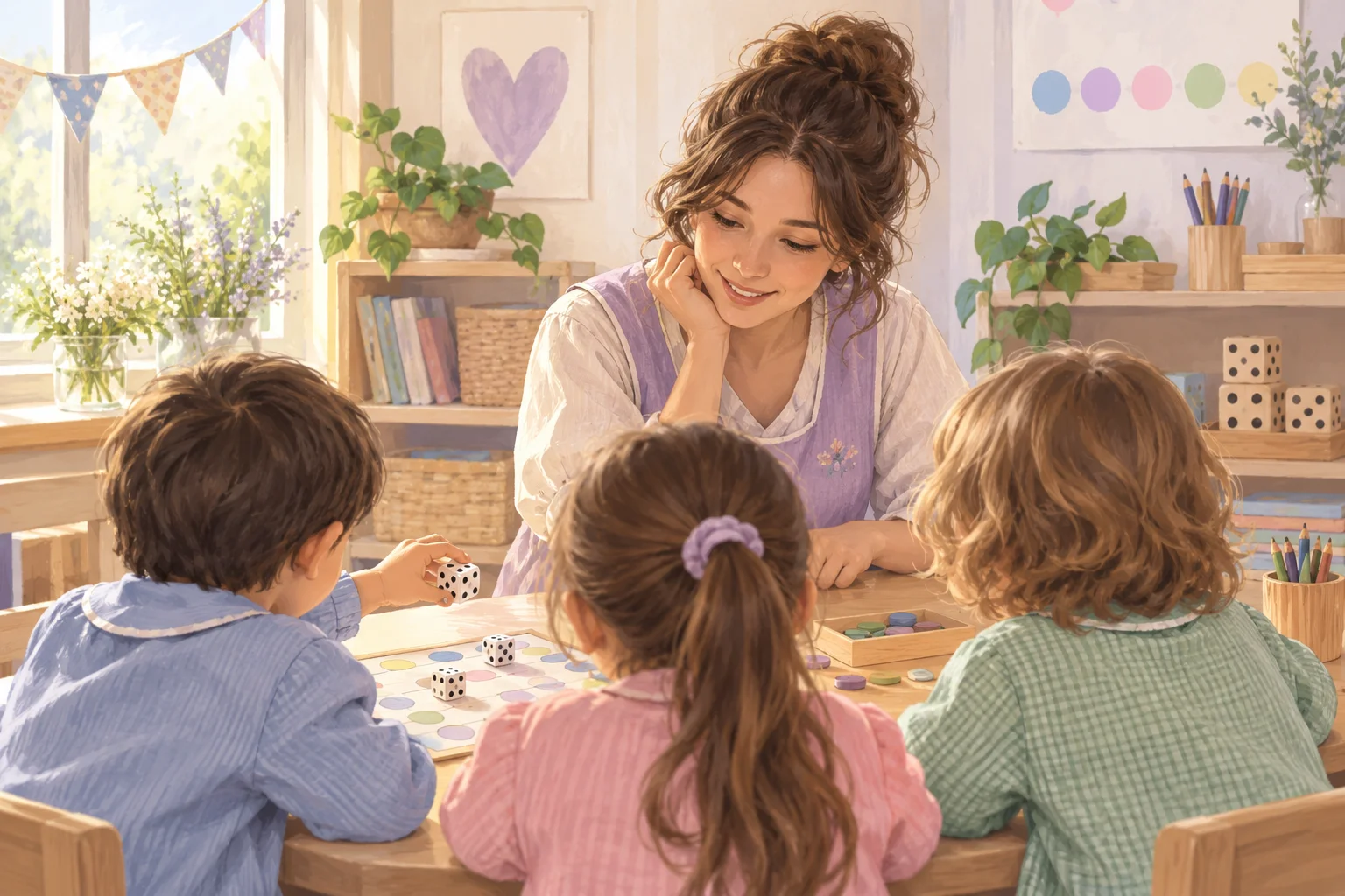 Una docente y tres niños comparten dados y fichas de colores sobre una mesa del aula.