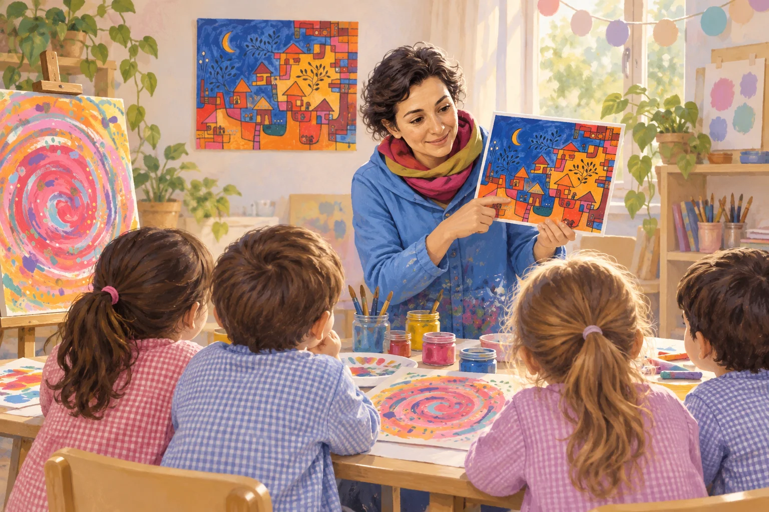 Ilustración de una artista que presenta una pintura de casas bajo la luna a niños reunidos alrededor de una mesa con pinturas.