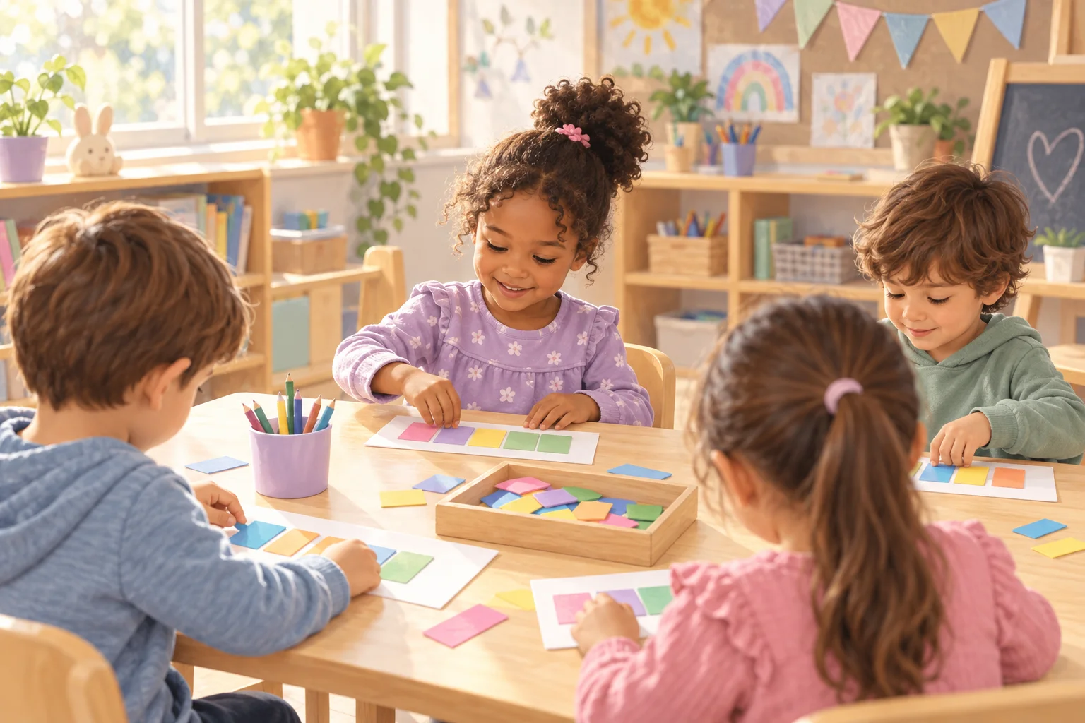 Cuatro niños preparan tarjetas con papeles de colores, lápices y materiales de escritura en una mesa del aula.