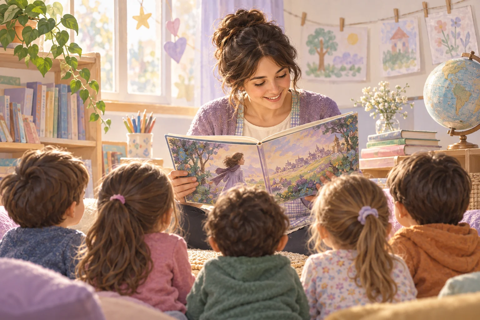 Una docente comparte un libro ilustrado con niños sentados en ronda, junto a una biblioteca y un globo terráqueo.
