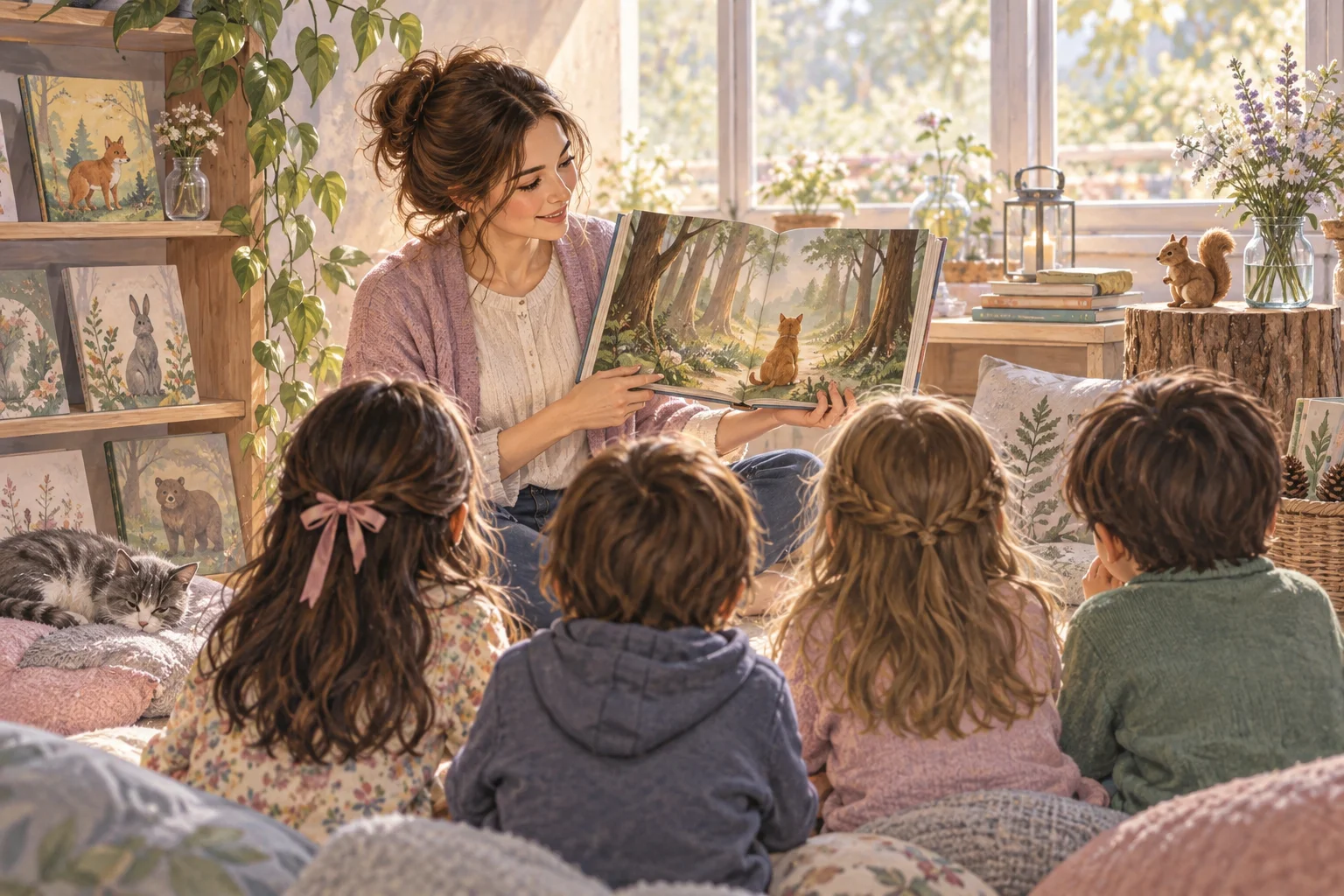 Una docente lee un libro ilustrado del bosque a niños sentados en un rincón de lectura con paisajes y cuentos.