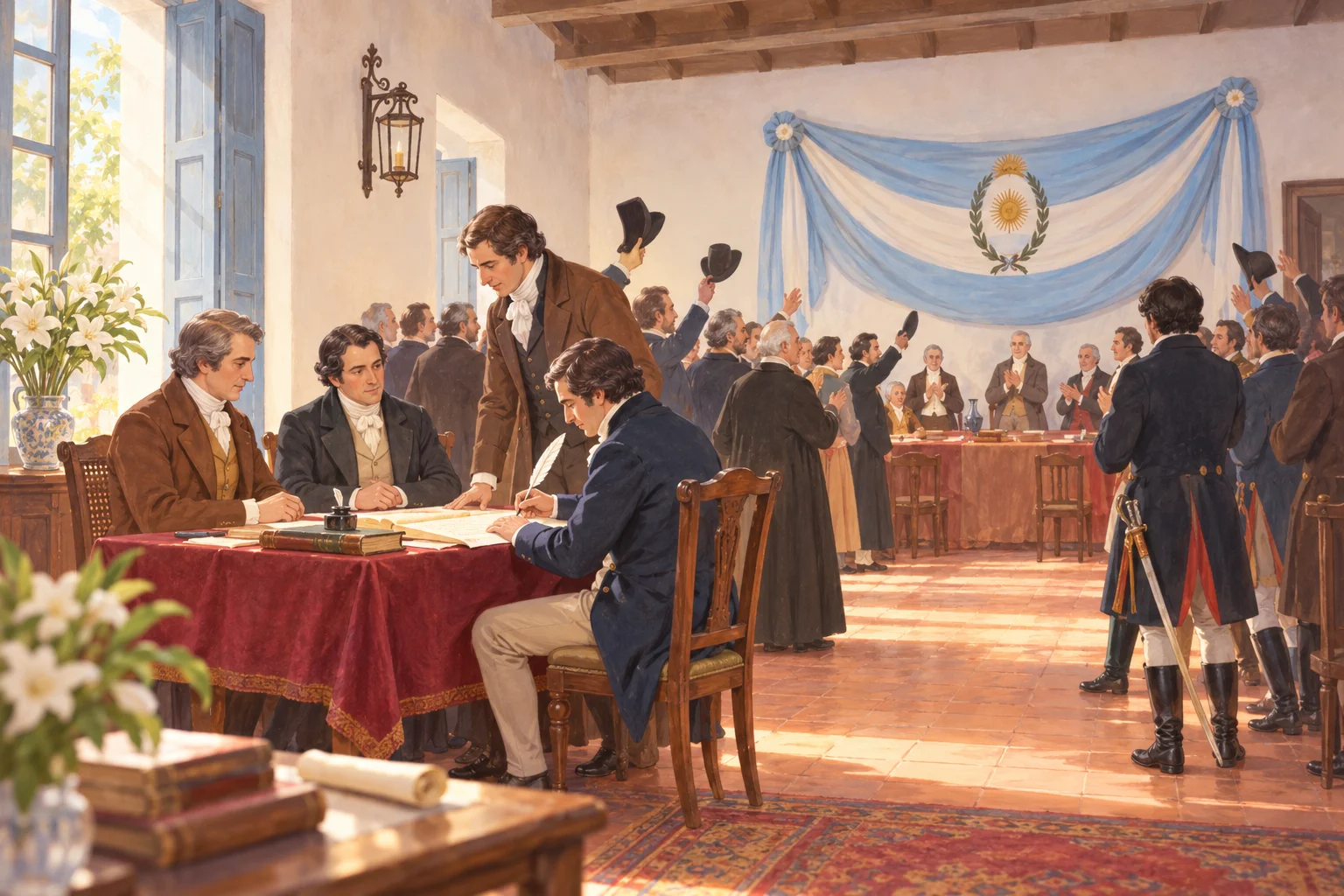 Ilustración de una reunión de congresales en un salón histórico, con papeles sobre la mesa y una bandera argentina.
