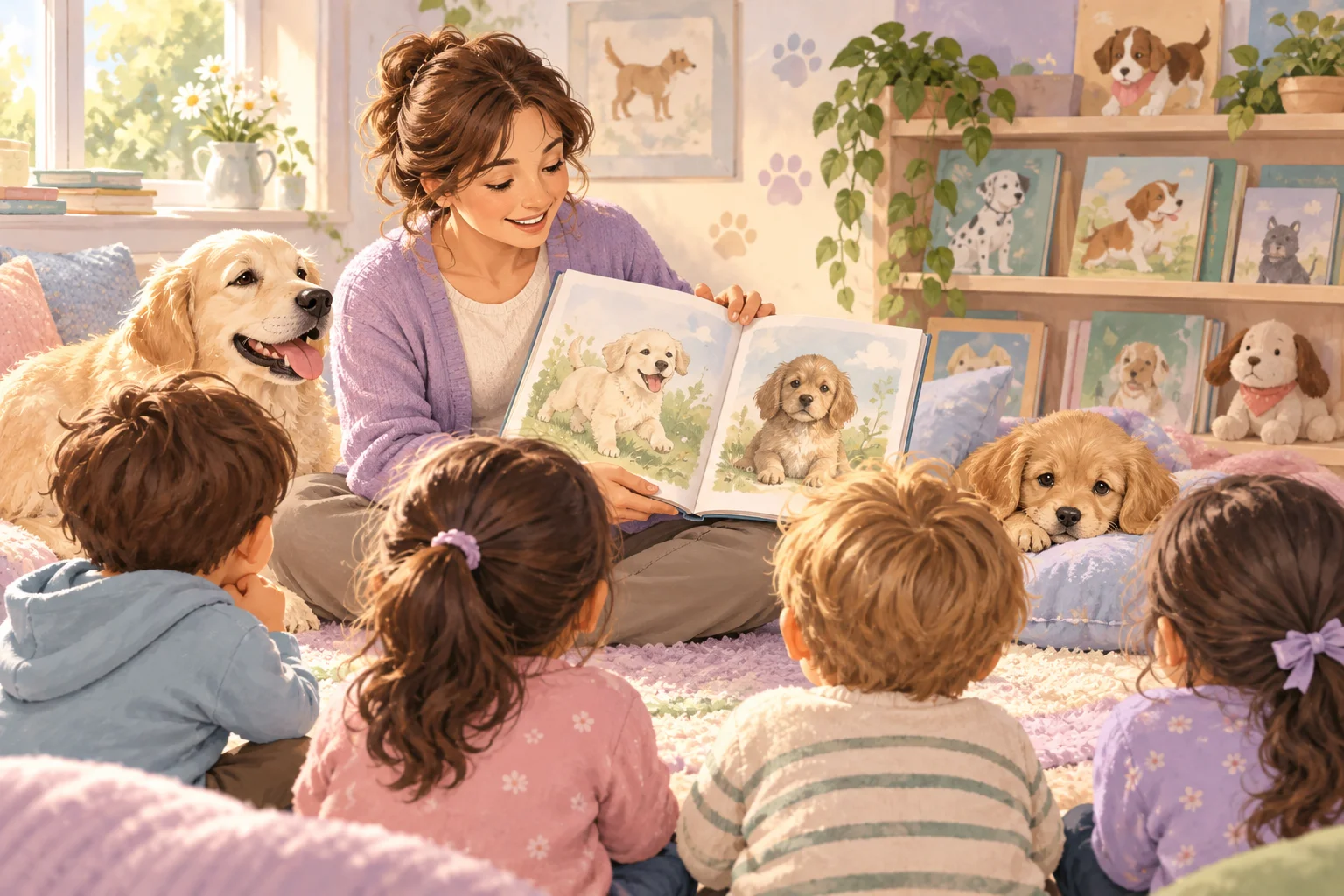 Una docente presenta un libro ilustrado con perros a un grupo de niños, junto a dos perros y juguetes del rincón de lectura.