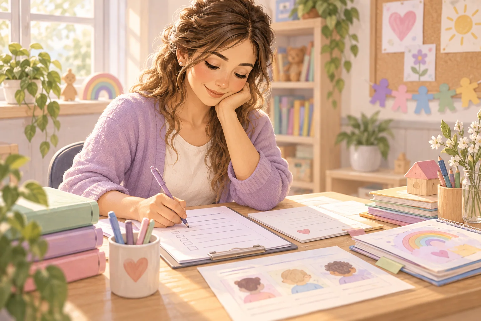 Una docente escribe observaciones junto a carpetas, cuadernos y producciones infantiles sobre una mesa.