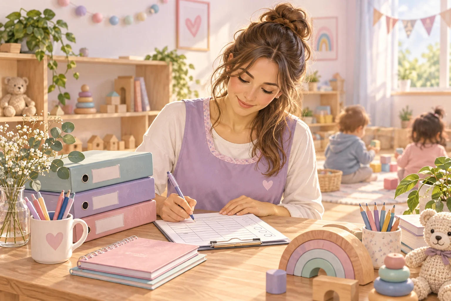 Una docente escribe en un cuaderno junto a carpetas y juguetes, mientras los niños comparten actividades en el aula.