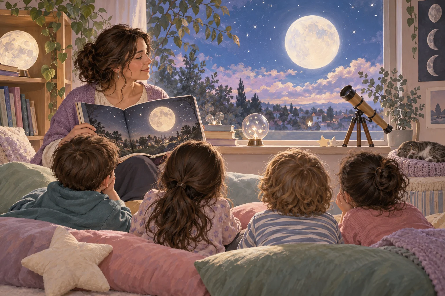 Una docente lee un libro ilustrado de la luna ante un grupo de niños, junto a un telescopio y un paisaje nocturno.