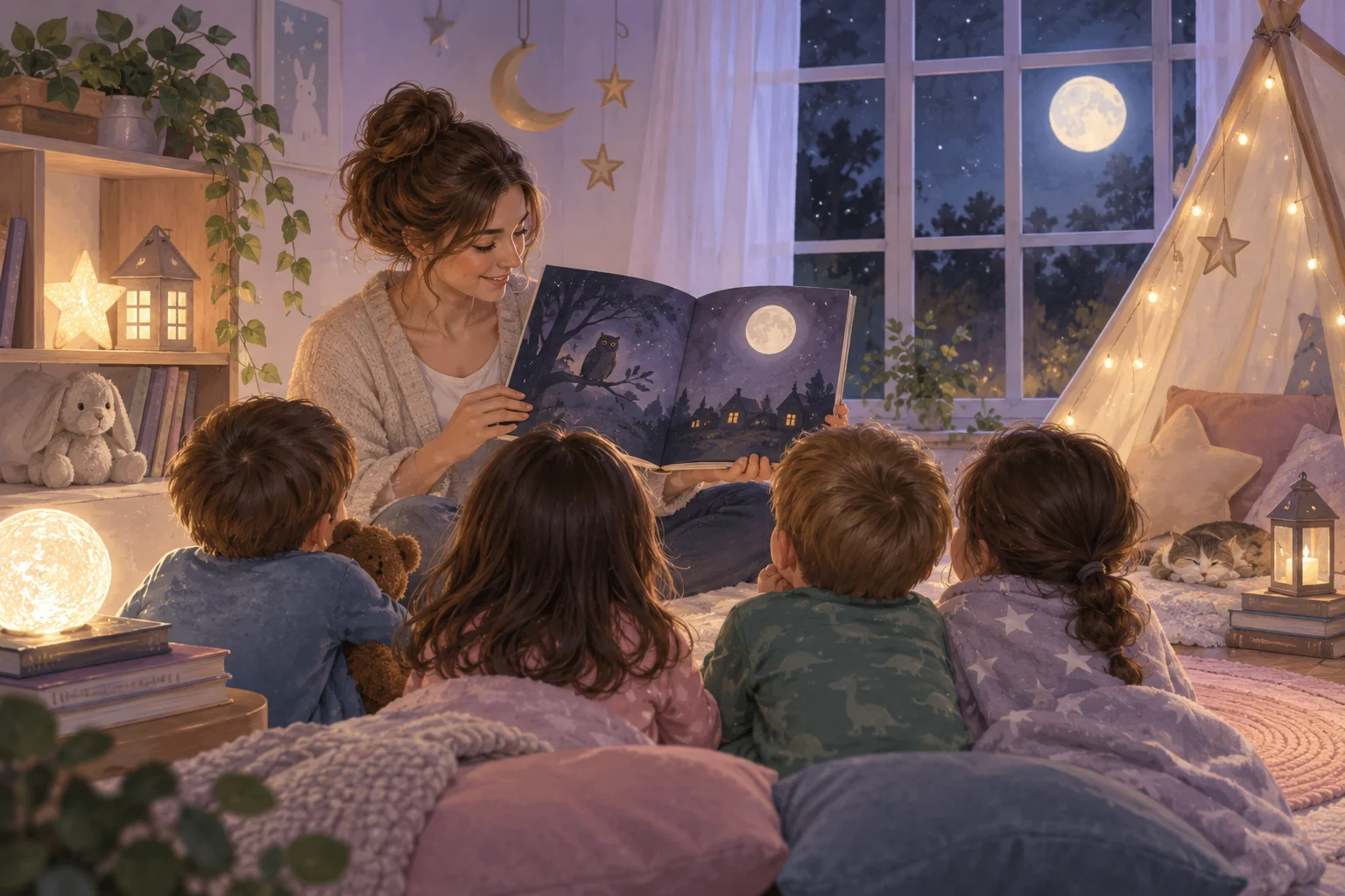 Una docente comparte un libro de paisajes nocturnos con niños reunidos entre almohadones, luces suaves y estrellas.