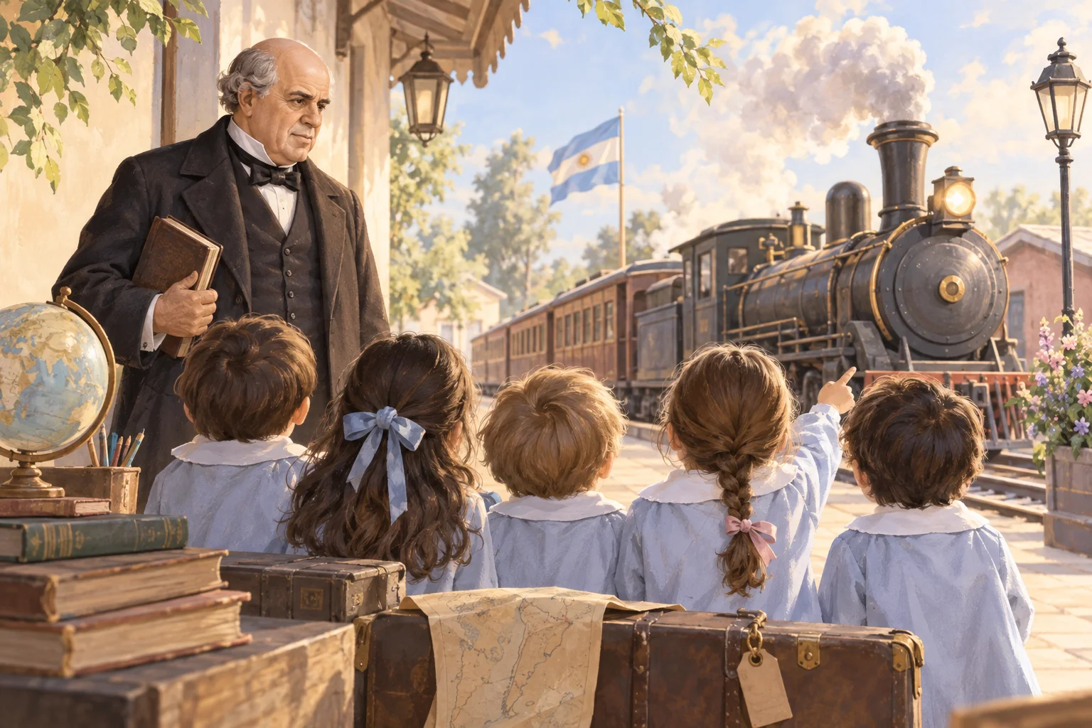 Ilustración de un maestro de época con un libro ante niños y un tren a vapor, junto a una bandera argentina.
