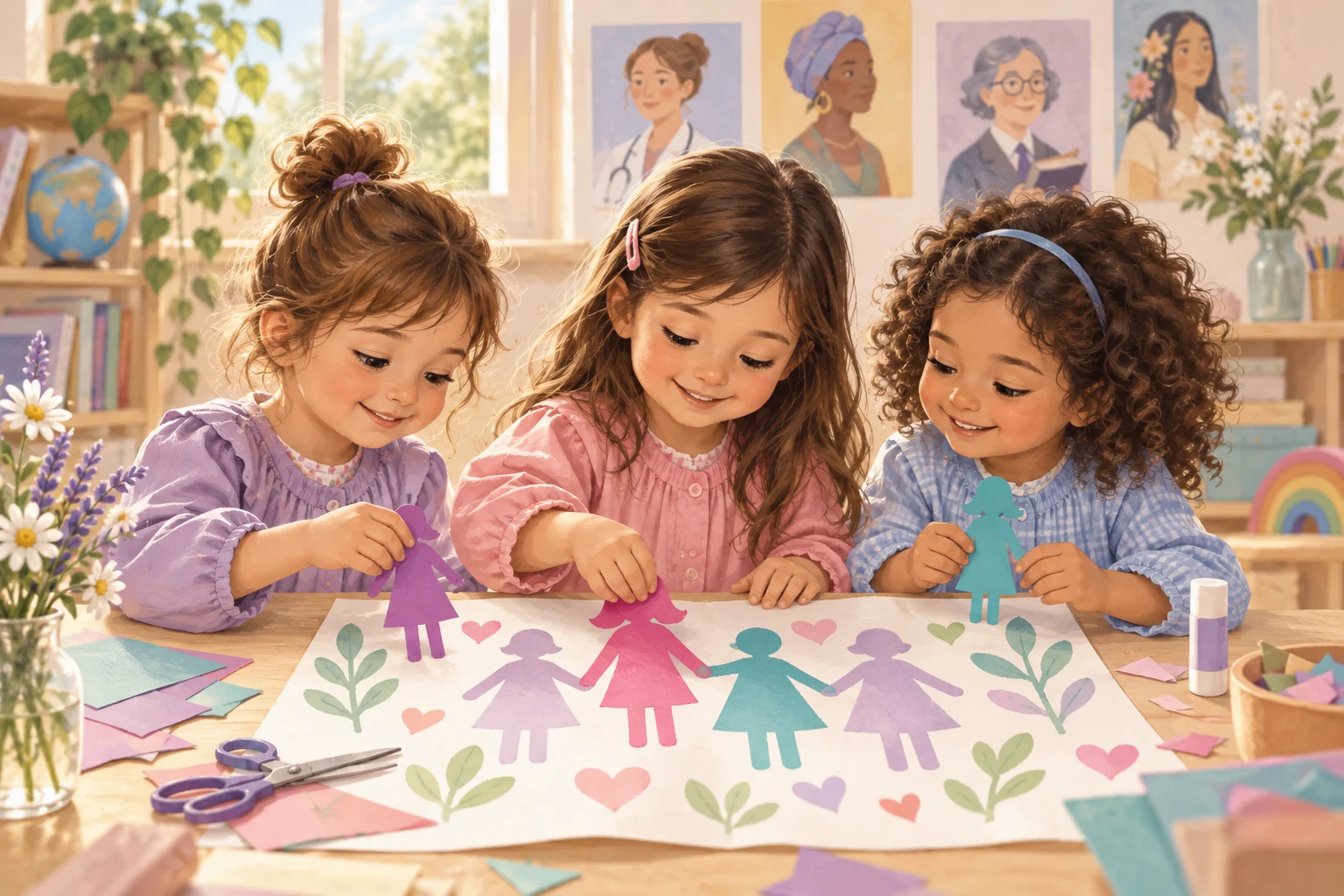 Tres niñas preparan figuras de papel de colores en una mesa, junto a retratos ilustrados de mujeres en el aula.