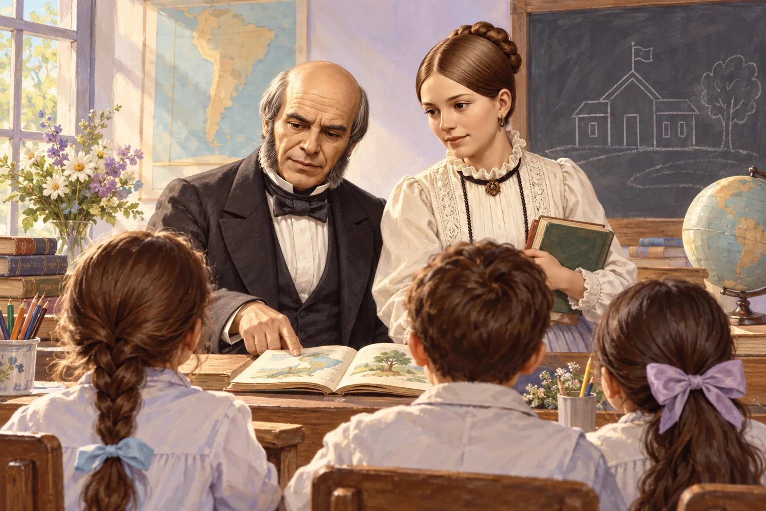 Ilustración de Juana Manso y Sarmiento con libros ante niños reunidos en un aula de época.
