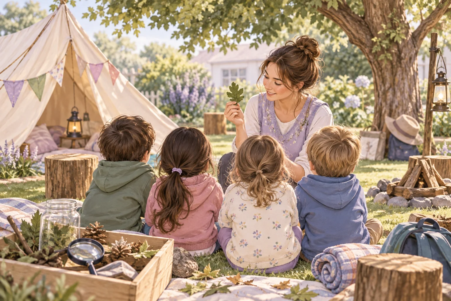 Una docente y cuatro niños comparten un encuentro al aire libre, junto a una carpa, mochilas, lupas y materiales naturales.