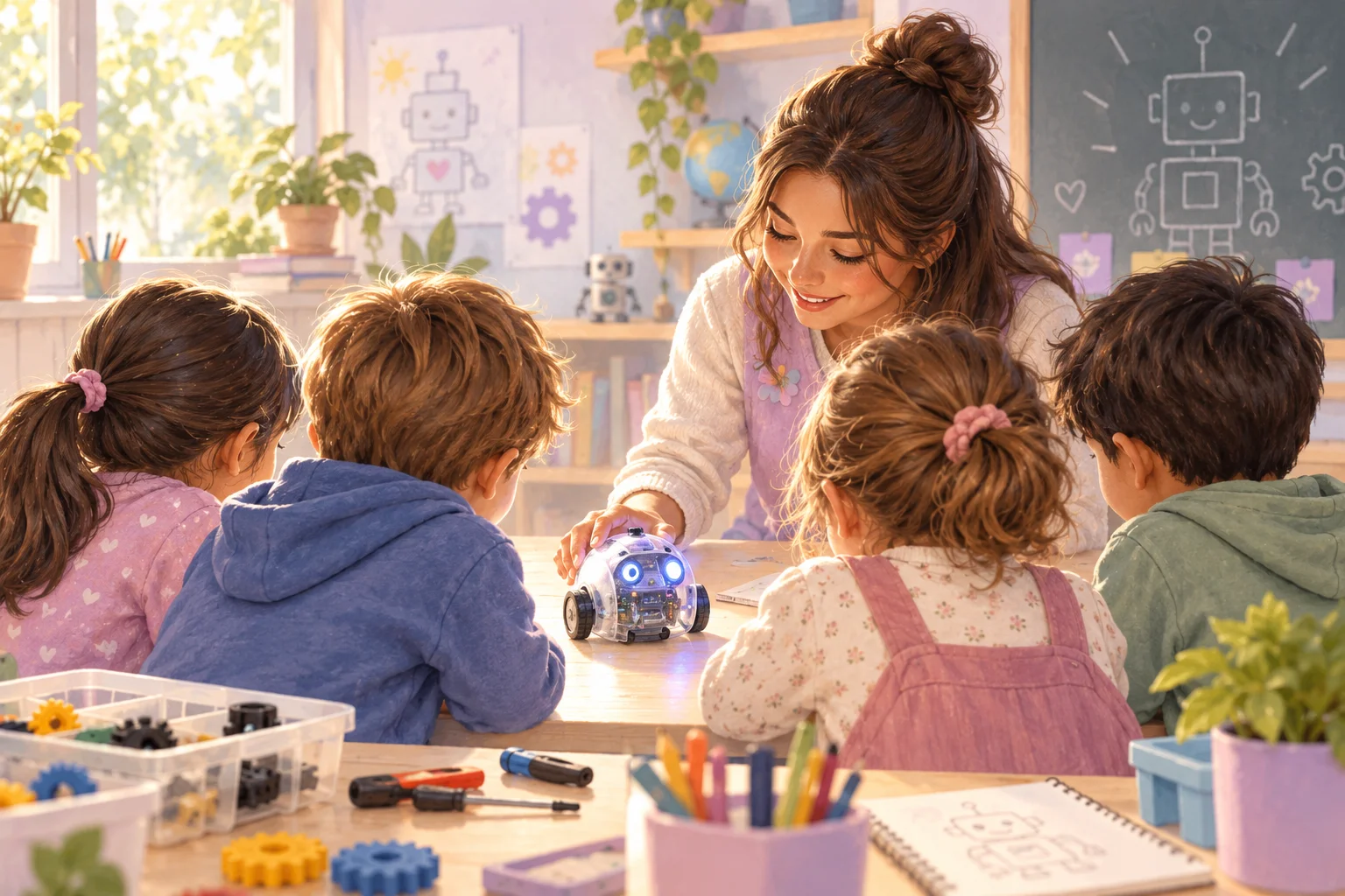 Una docente y cuatro niños observan un pequeño robot sobre una mesa, junto a piezas de construcción y materiales del aula.