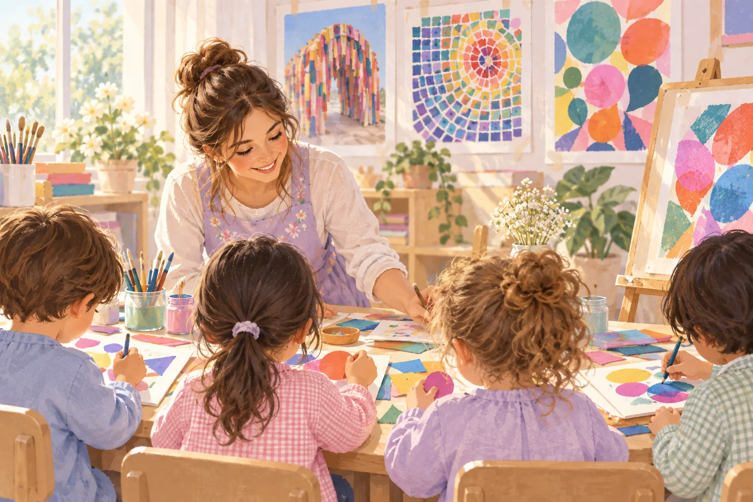 Una docente y un grupo de niños pintan y exploran figuras de colores, con producciones geométricas expuestas en el aula.