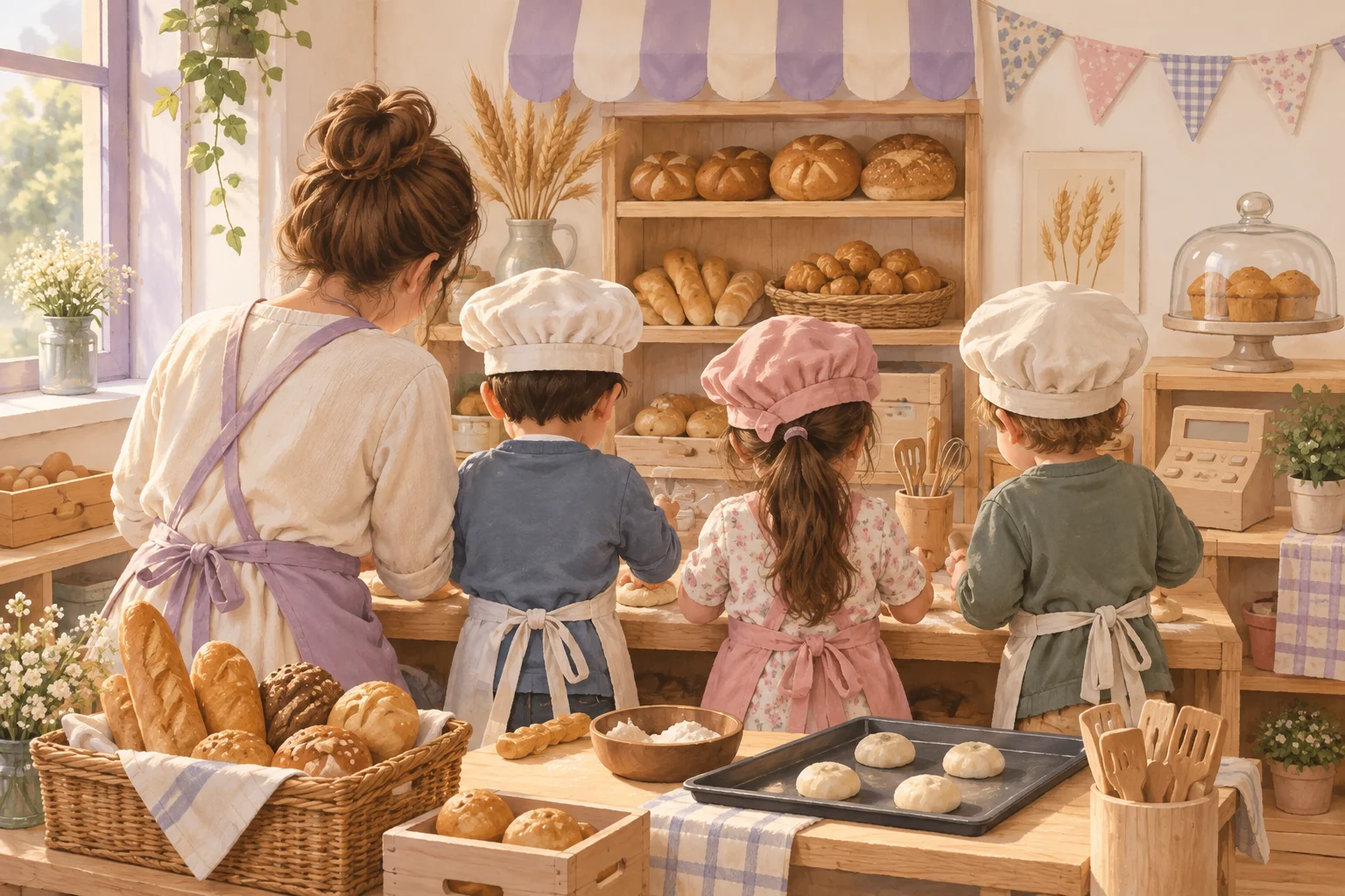 Una docente y tres niños con gorros de cocinero juegan en una panadería del aula con panes, bandejas y pequeños utensilios.