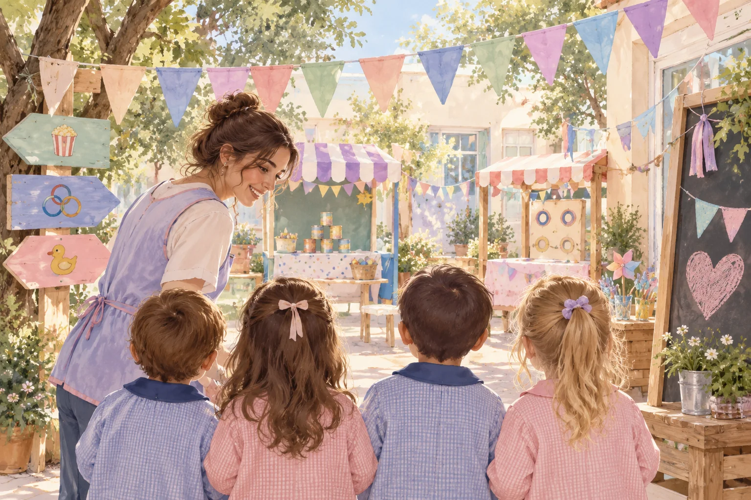 Una docente acompaña a cuatro niños que recorren puestos de una kermés, con guirnaldas y juegos de feria.