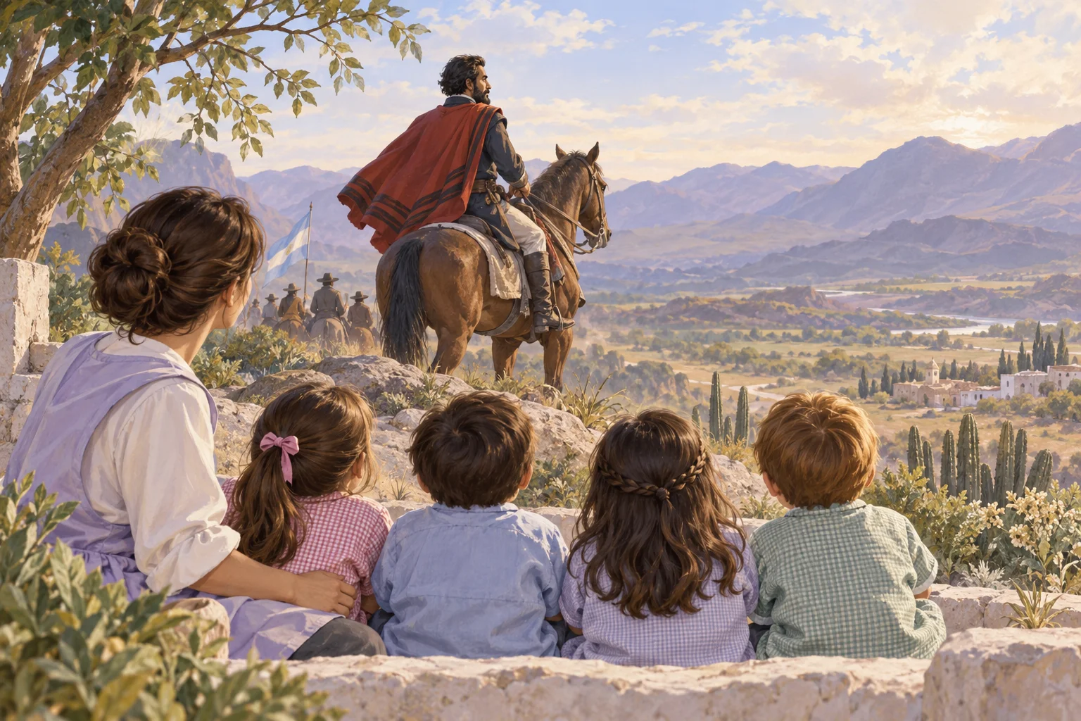 Ilustración de una docente con niños ante un paisaje montañoso y un jinete de poncho rojo que recorre un camino.
