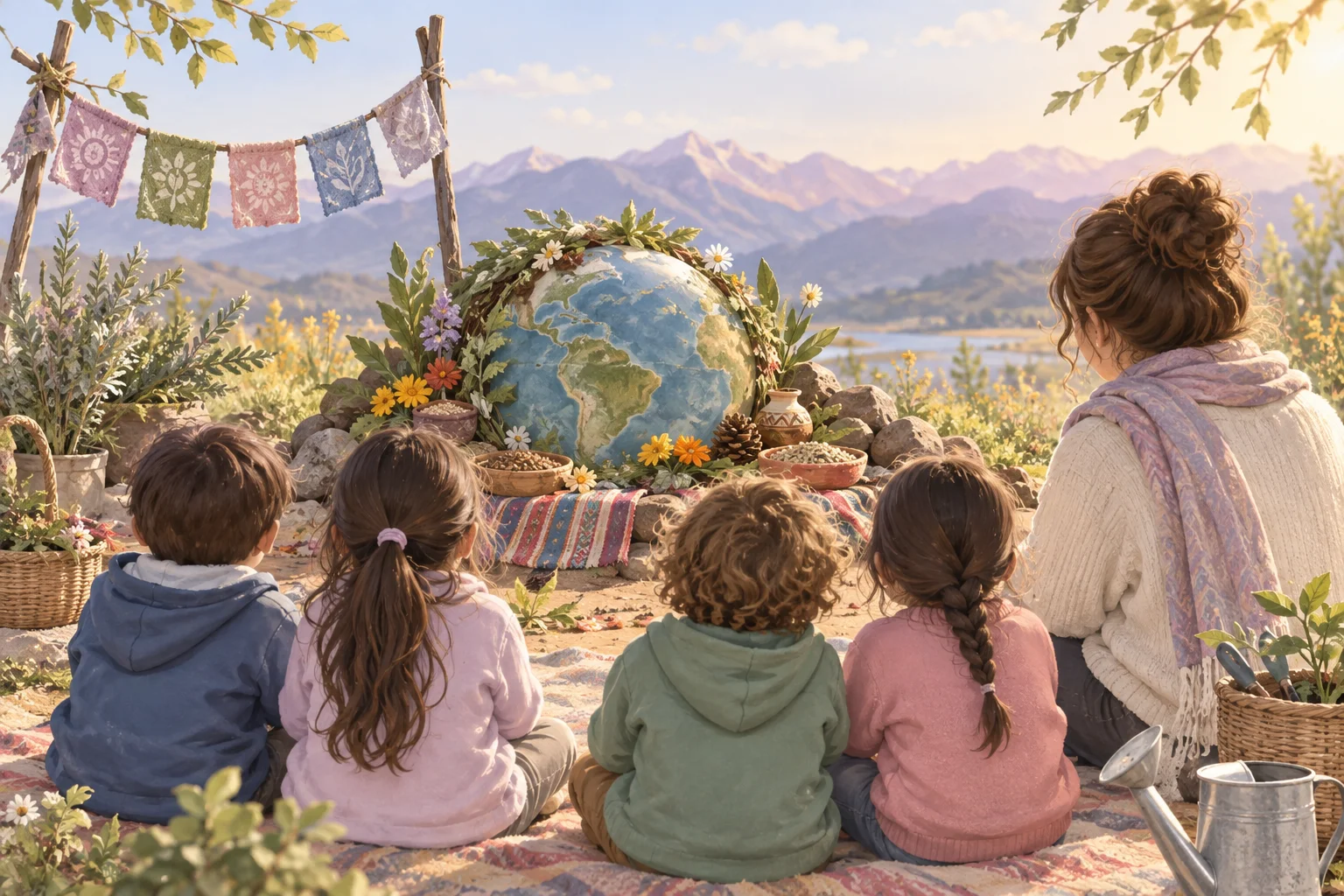 Una docente y cuatro niños observan un globo terráqueo entre flores, semillas y canastos, con un paisaje de montañas al fondo.