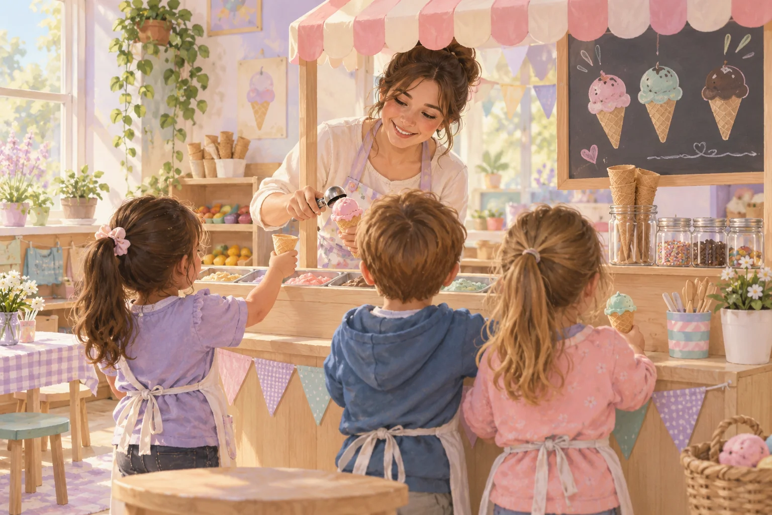 Una docente y tres niños juegan en un puesto de heladería con conos, recipientes y adornos en tonos suaves.