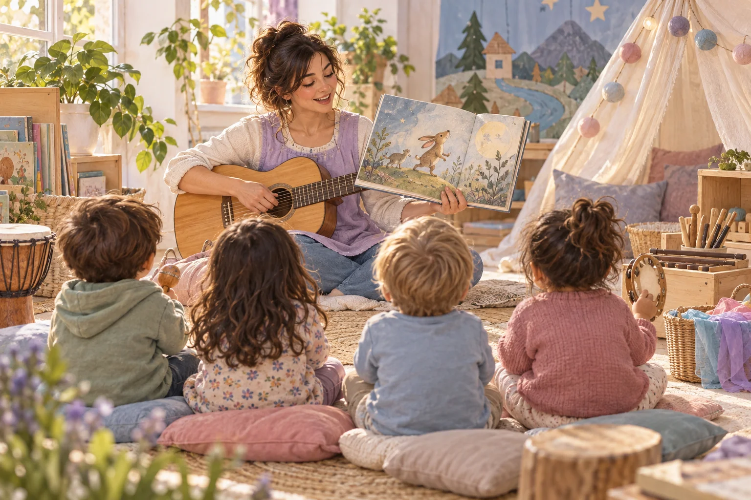 Una docente toca la guitarra y comparte un libro ilustrado con niños sentados entre almohadones en un rincón de lectura.