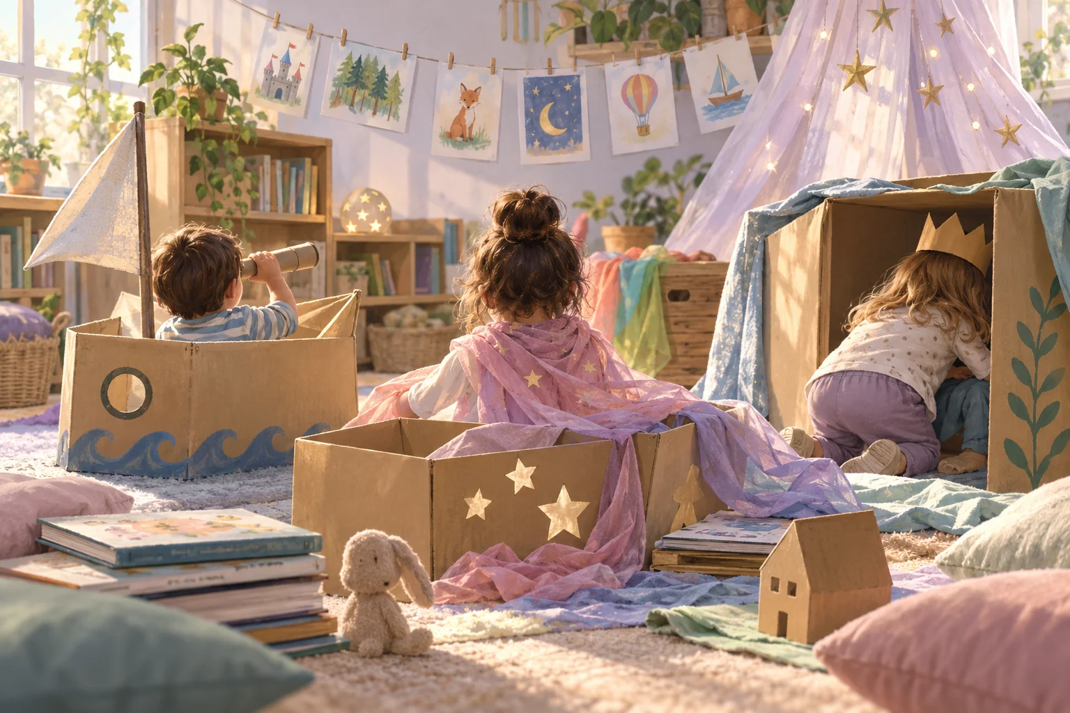 Niños exploran grandes cajas de cartón decoradas como barcos y refugios, con telas, cuentos y estrellas.