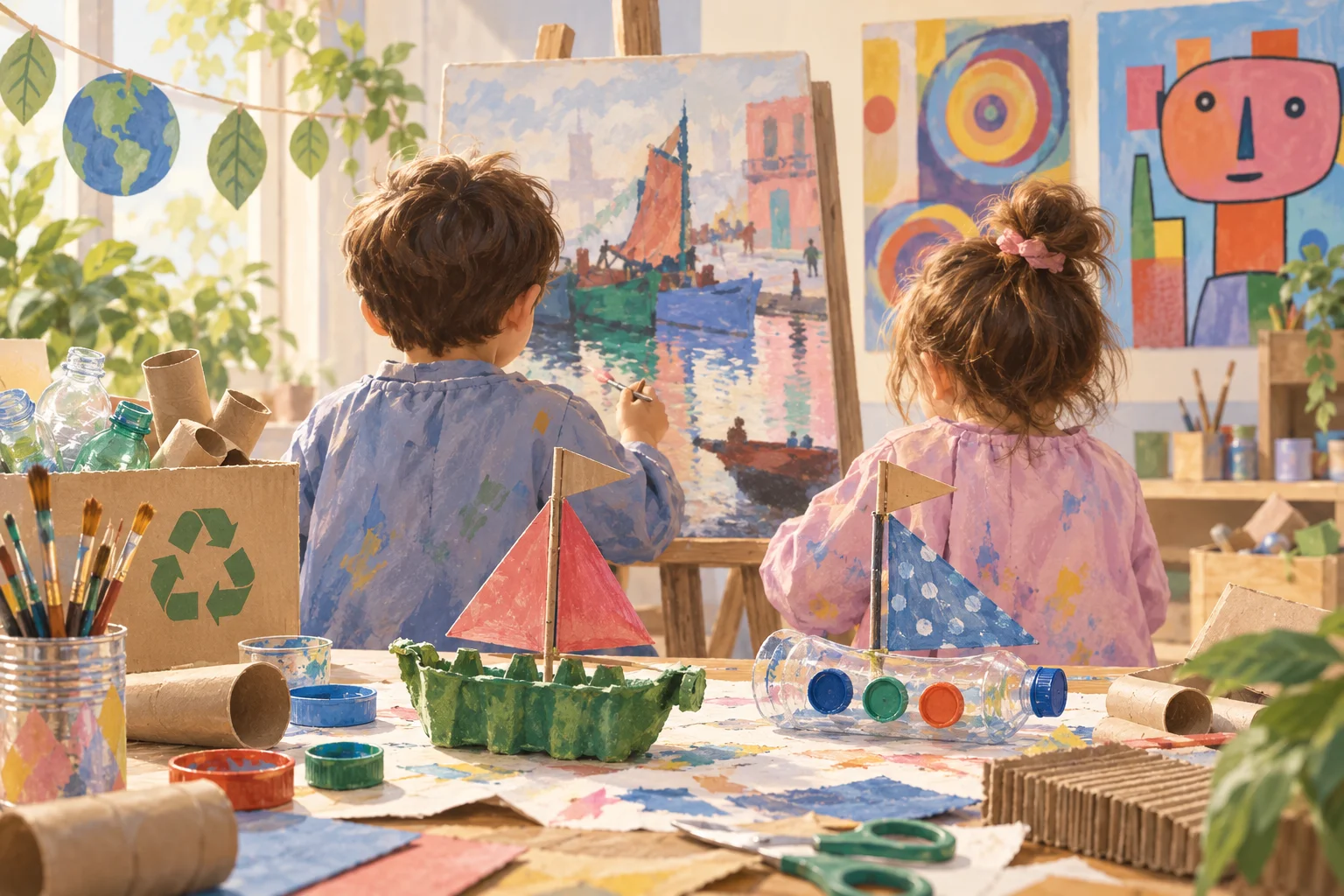 Dos niños pintan en caballetes junto a barcos, vehículos y objetos realizados con materiales reutilizados.