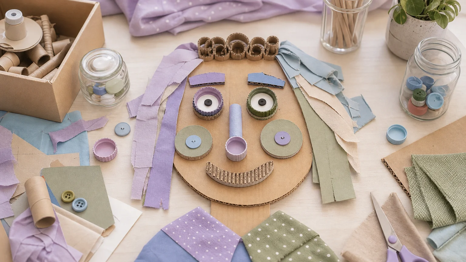 Rostro creativo armado con objetos y materiales de descarte sobre una mesa de taller.