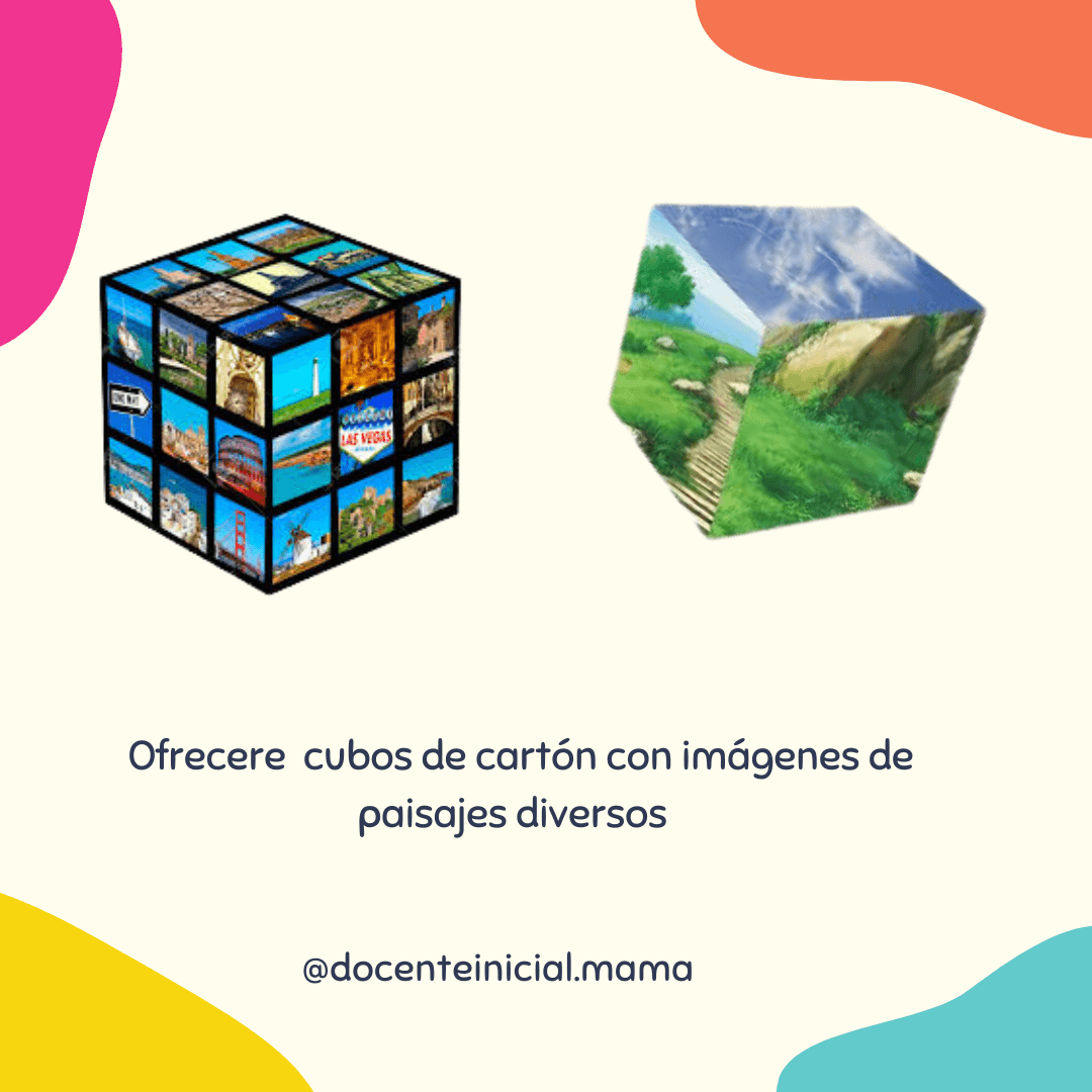Cubos de cartón con paisajes variados Dos cubos ilustrados con fotos de paisajes diferentes sobre fondo claro, con bordes de colores y el texto central de la propuesta.