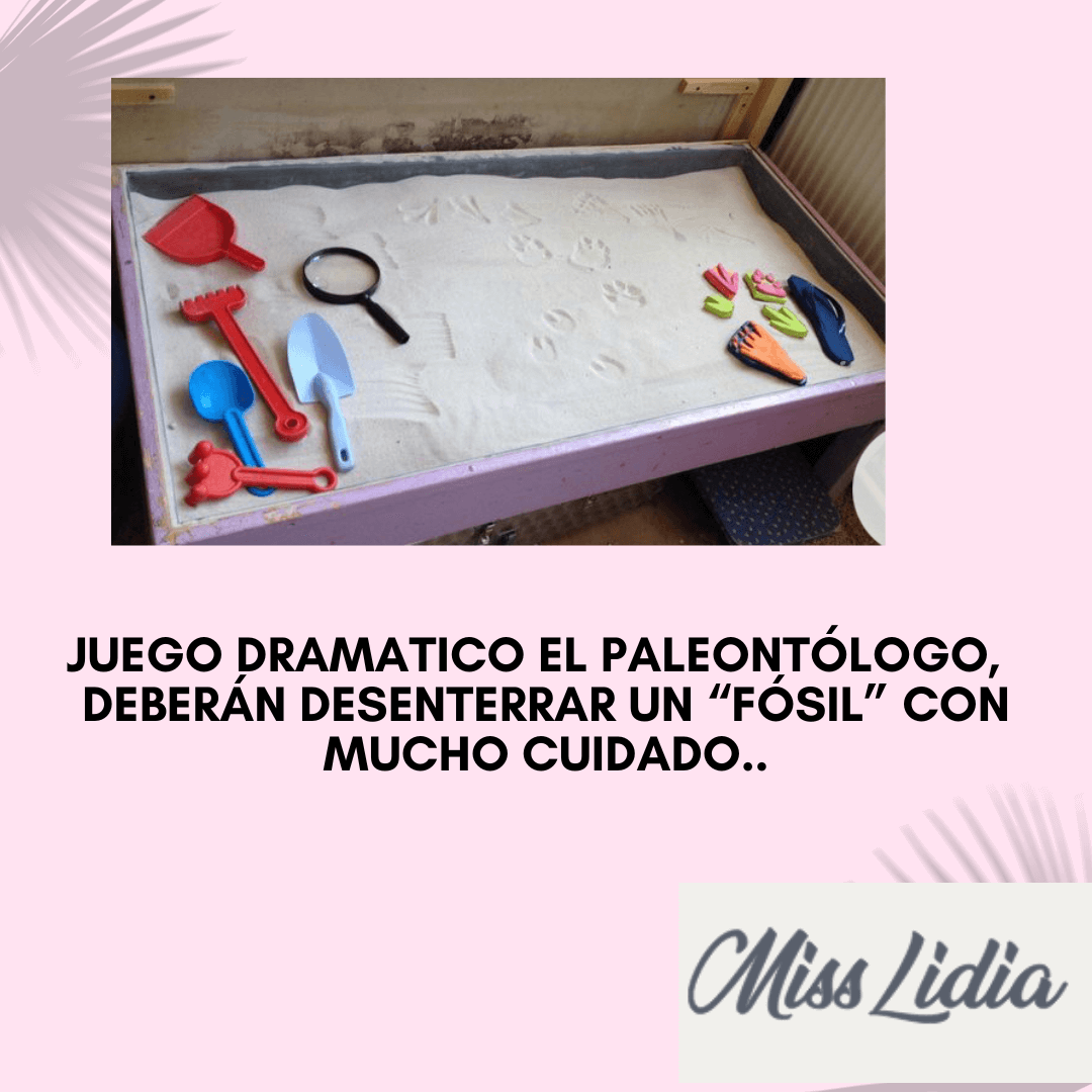 Bandeja de exploración para jugar a buscar fósiles Placa rosa con una bandeja de material claro, huellas, pala, rastrillo, lupa y otras herramientas de juguete para jugar a ser paleontólogos.