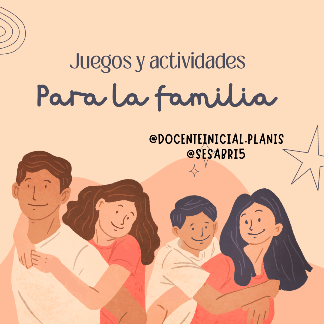 Juegos y actividades para la familia con ilustración de parejas Placa Juegos y actividades para la familia, con ilustraciones de adultos y niños abrazándose y las cuentas de sus autoras.