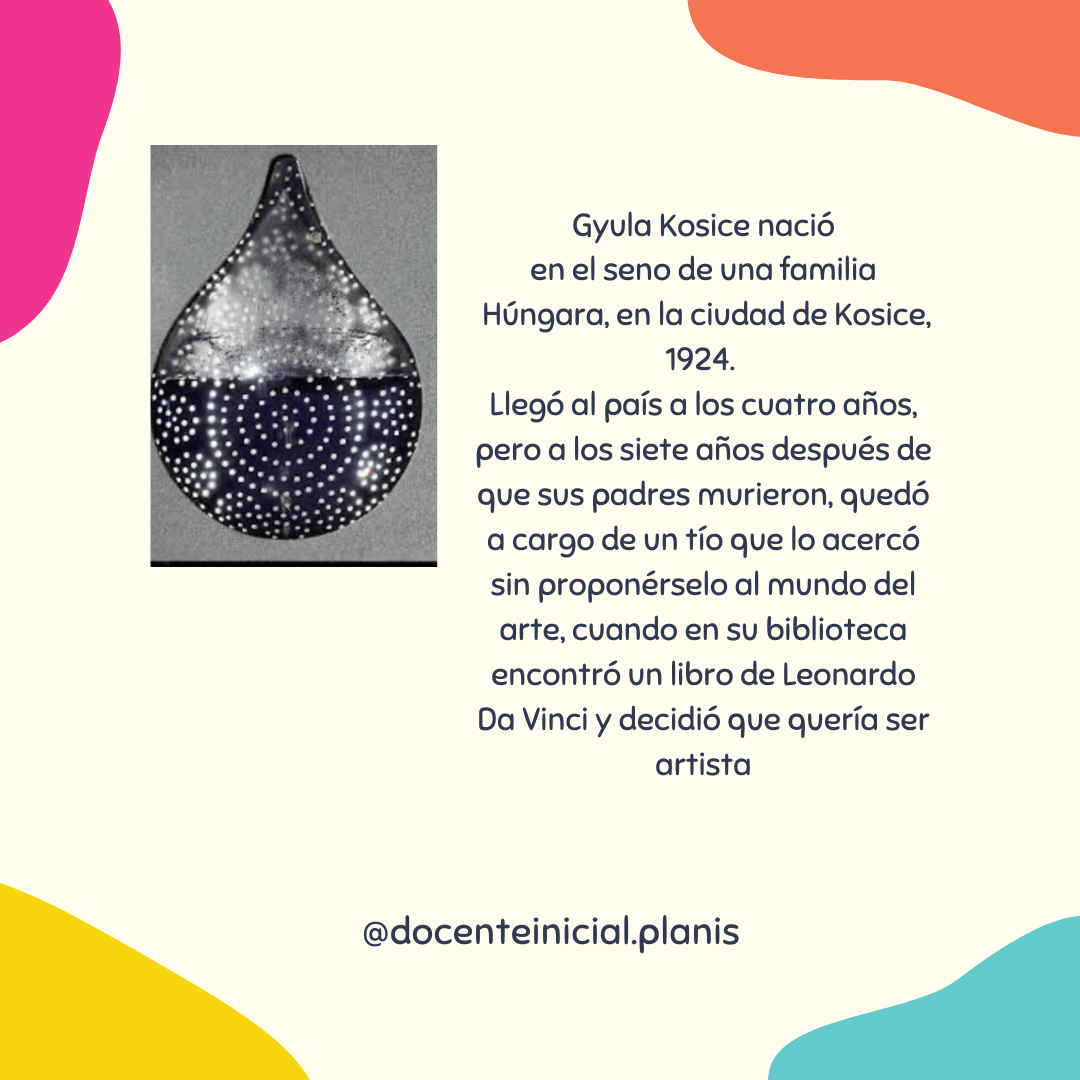 Placa biográfica de Gyula Kosice con figura en gota Placa con una imagen en forma de gota punteada y texto biográfico sobre Gyula Kosice, su llegada al país y el interés por el arte al encontrar un libro de Leonardo da Vinci.