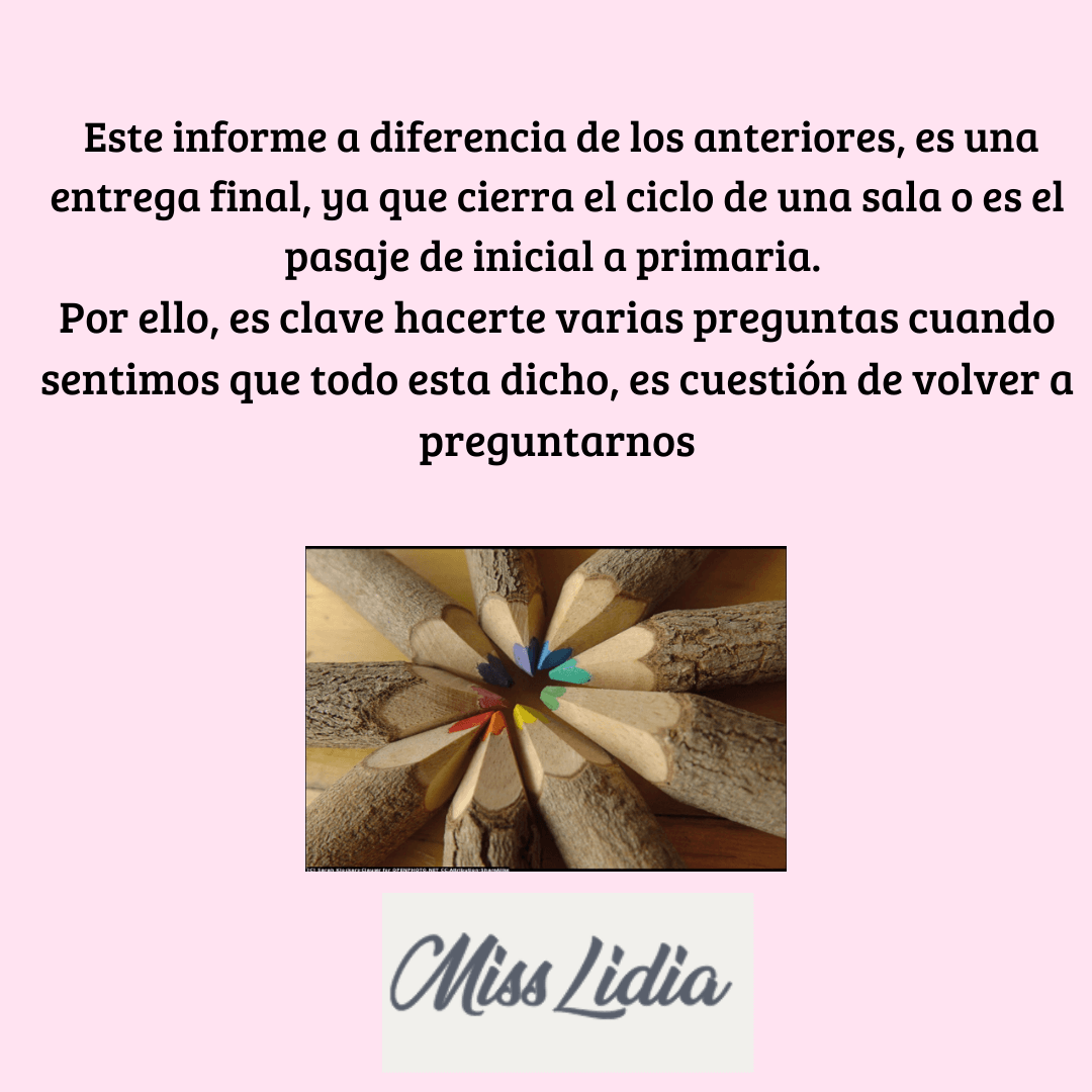 Texto sobre informe final de nivel inicial con lápices en forma de flor Placa con texto sobre un informe final de nivel inicial y una imagen central de lápices de madera acomodados en círculo, con las puntas hacia el centro.