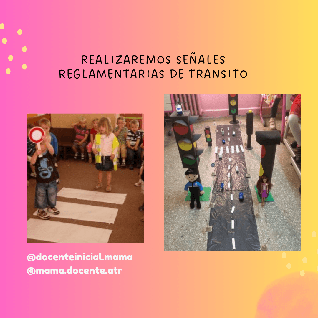 Señales reglamentarias de tránsito en actividades escolares Montaje de actividades con niños en un cruce peatonal y una maqueta de calle con semáforos y señales reglamentarias hechas con cartón y palitos.