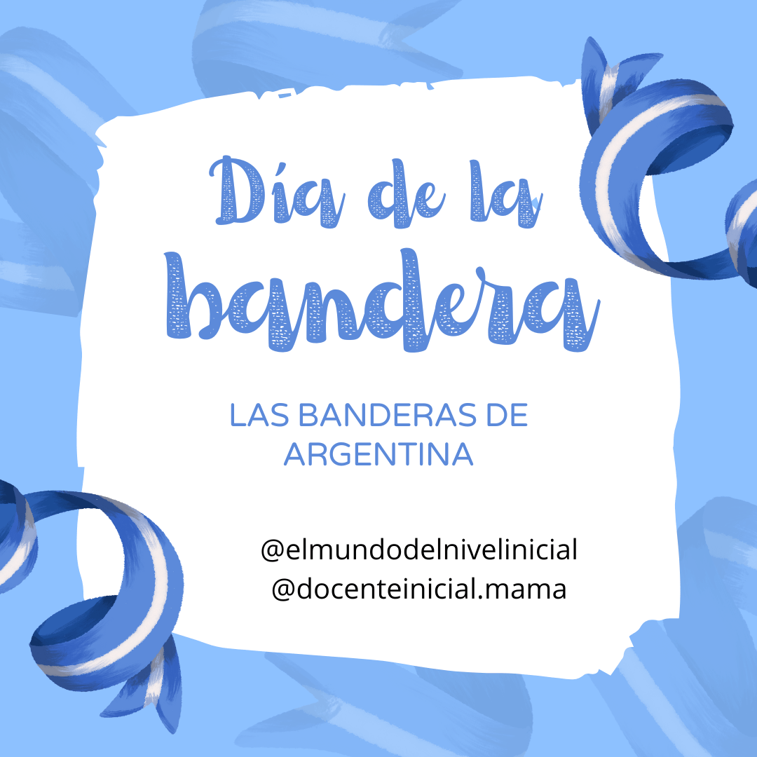 Portada de Día de la Bandera con cintas celestes y blancas Diseño gráfico con el texto "Día de la bandera" y "Las banderas de Argentina" en el centro, rodeado por cintas celestes y blancas sobre fondo azul claro.