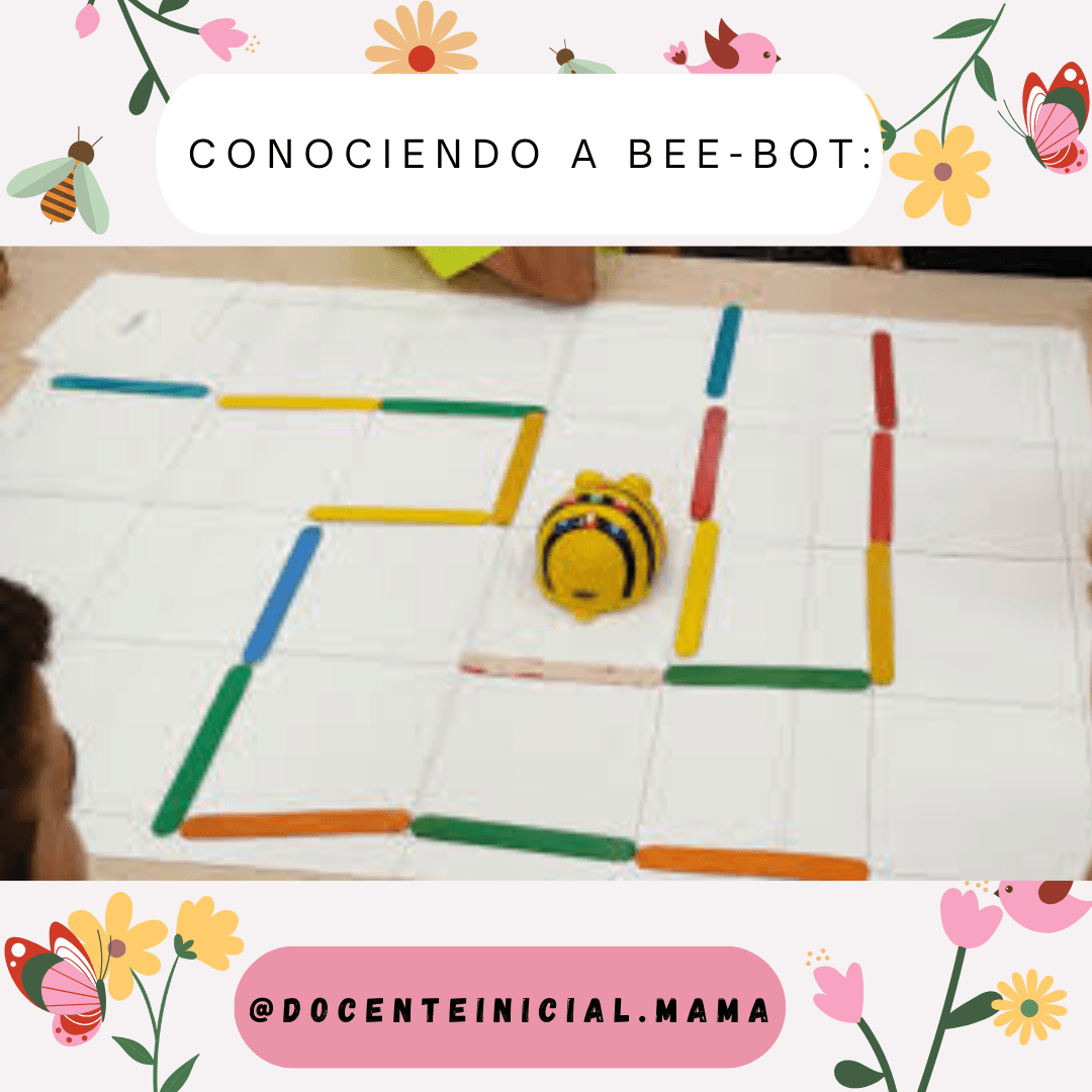Un pequeño robot Bee-Bot amarillo está sobre una cuadrícula hecha con palitos de colores. Arriba se lee “Conociendo a Bee-Bot” y el borde tiene dibujos florales decorativos.